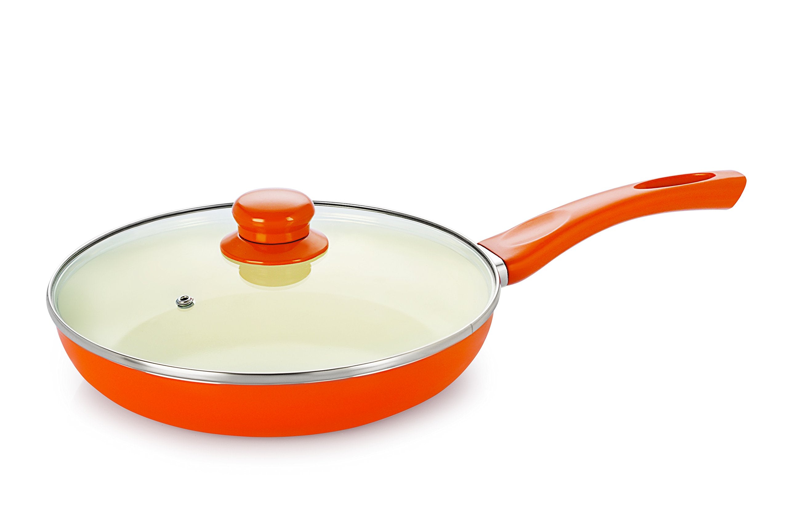 Nirlon New Reinforced 4 Layer Ceramic Coating Non Stick Induction Frying Pan With Glass Lid, Beige & Orange (Aluminium, Stainles
