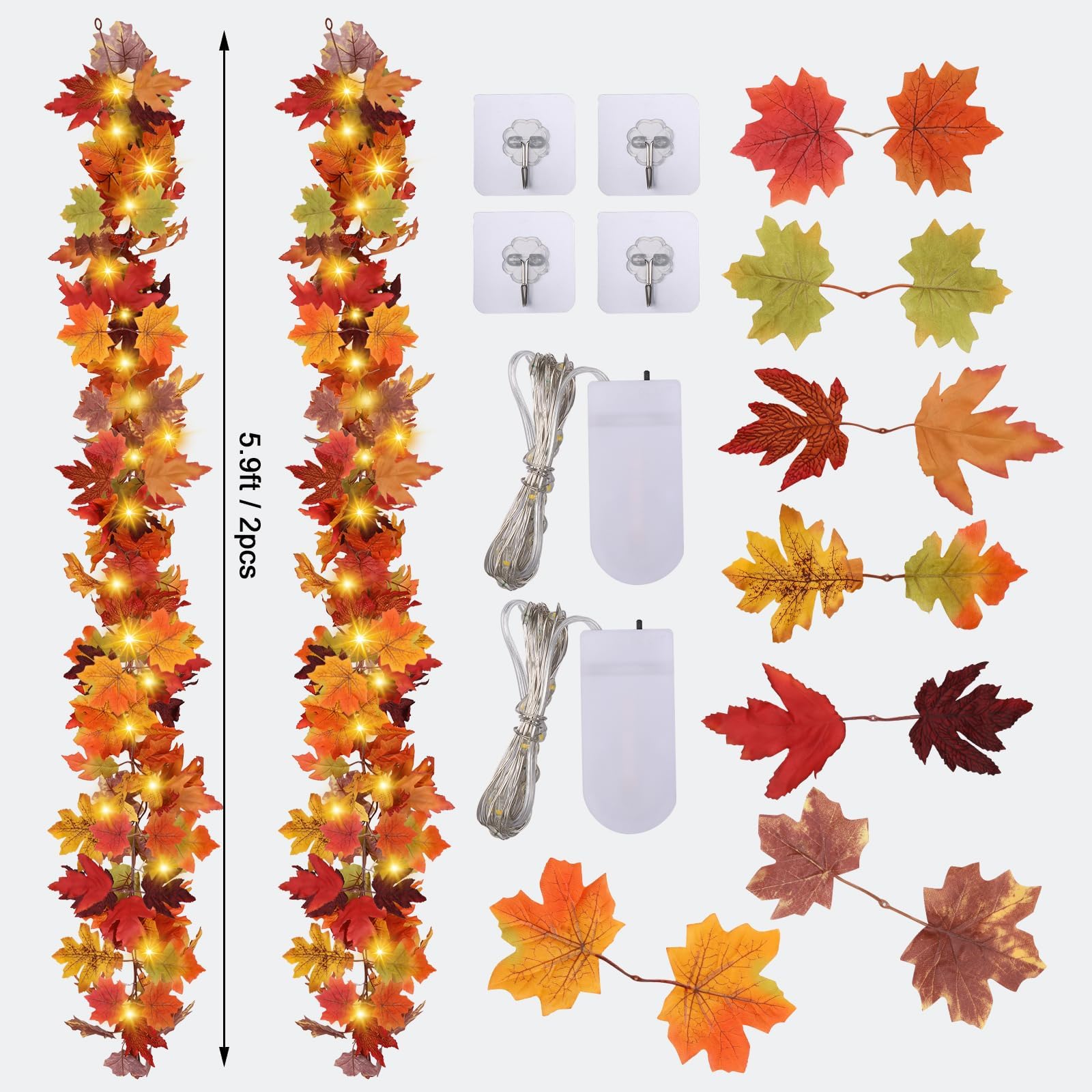2PCS Fall Garland with Light, Fall Leaves Decor Garland Lights 40 LED Artificial Fall Leaves Autumn Garland Halloween Decoration