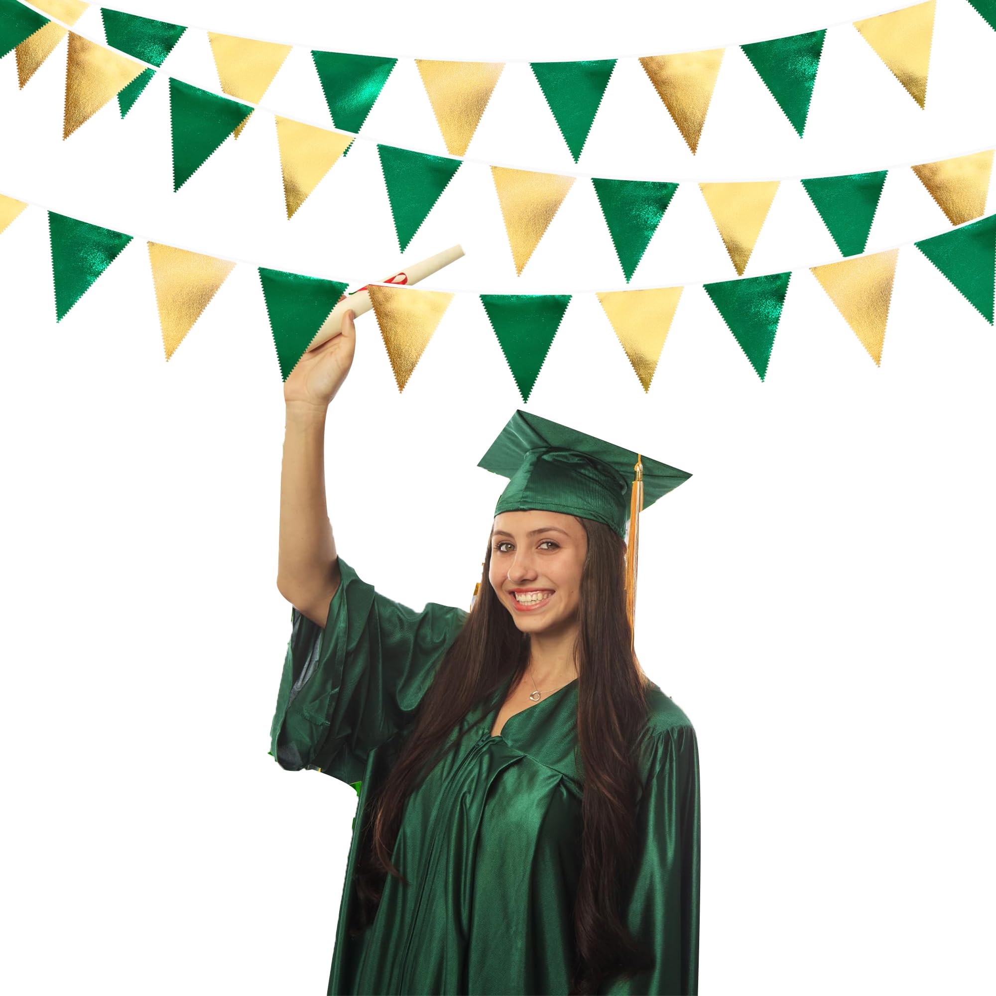 Green Gold Party Decorations Metallic Fabric Triangle Pennant Banner Flag Bunting Garland For Graduations Birthday Retirement We