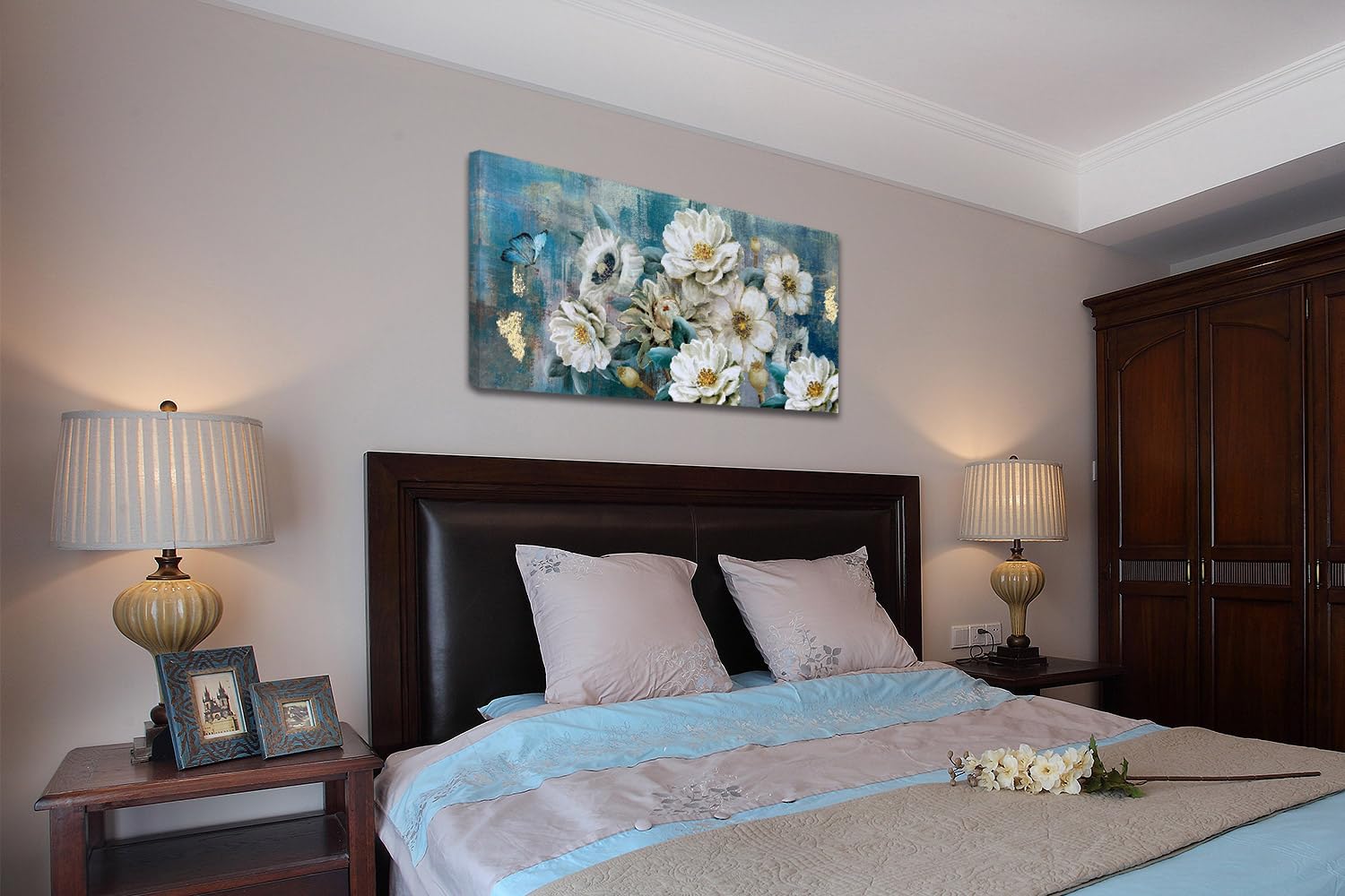 Arjun Flowers Canvas Wall Art White Elegant Modern Picture Gold Foil Rustic Painting Colorful Turquoise Floral Large Teal Artwor