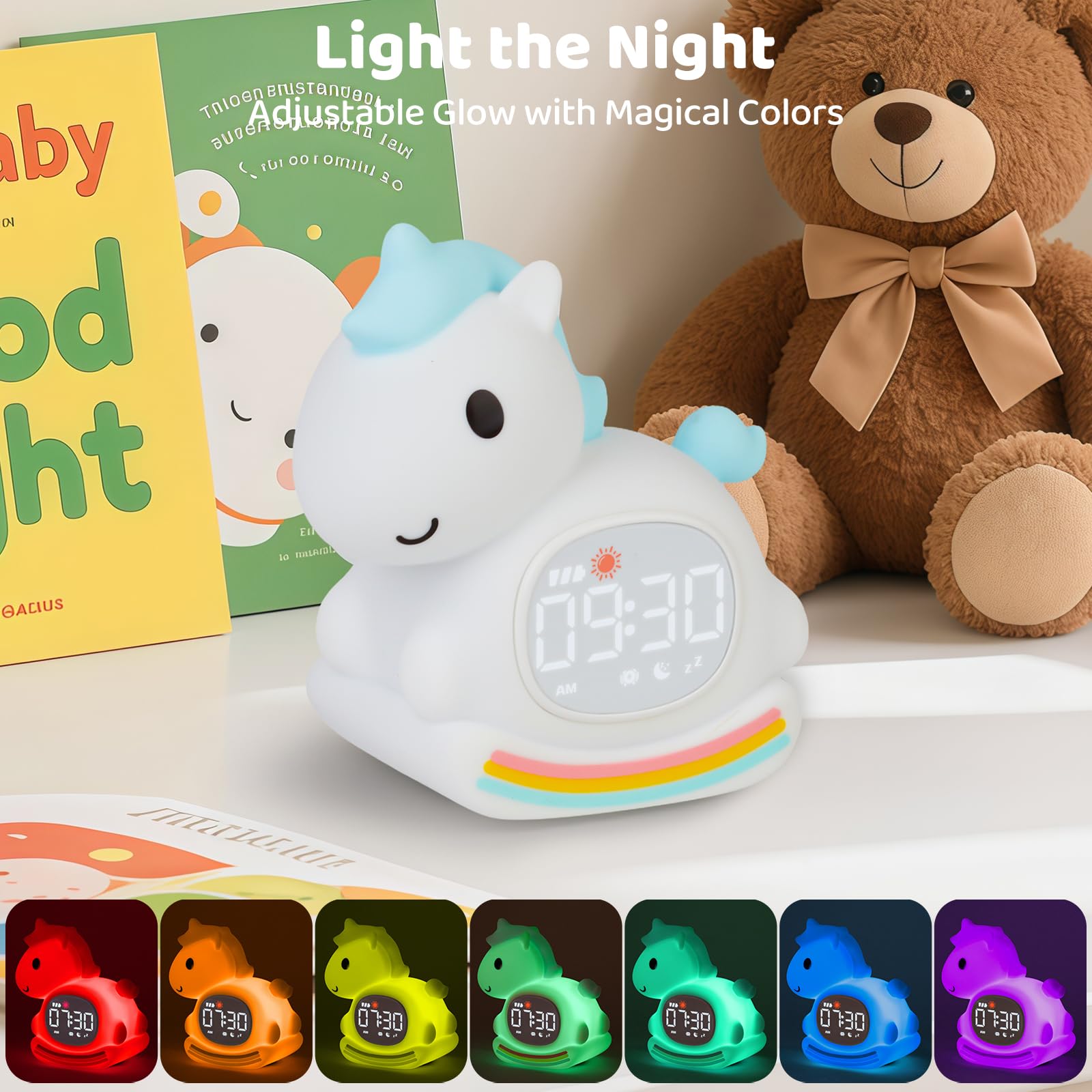 Aokpsrt Alarm Clock with Night Light & Sound Machine, Rechargeable Blue Pony Lamp for Kids, Sleep Training Companion