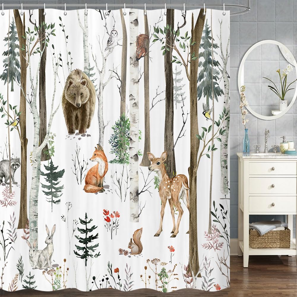 Jawo Rustic Forest Shower Curtain, Wildlife Bear Shower Curtain Farmhouse Woodland Shower Curtain Cabin Lodge Shower Curtain, Wo