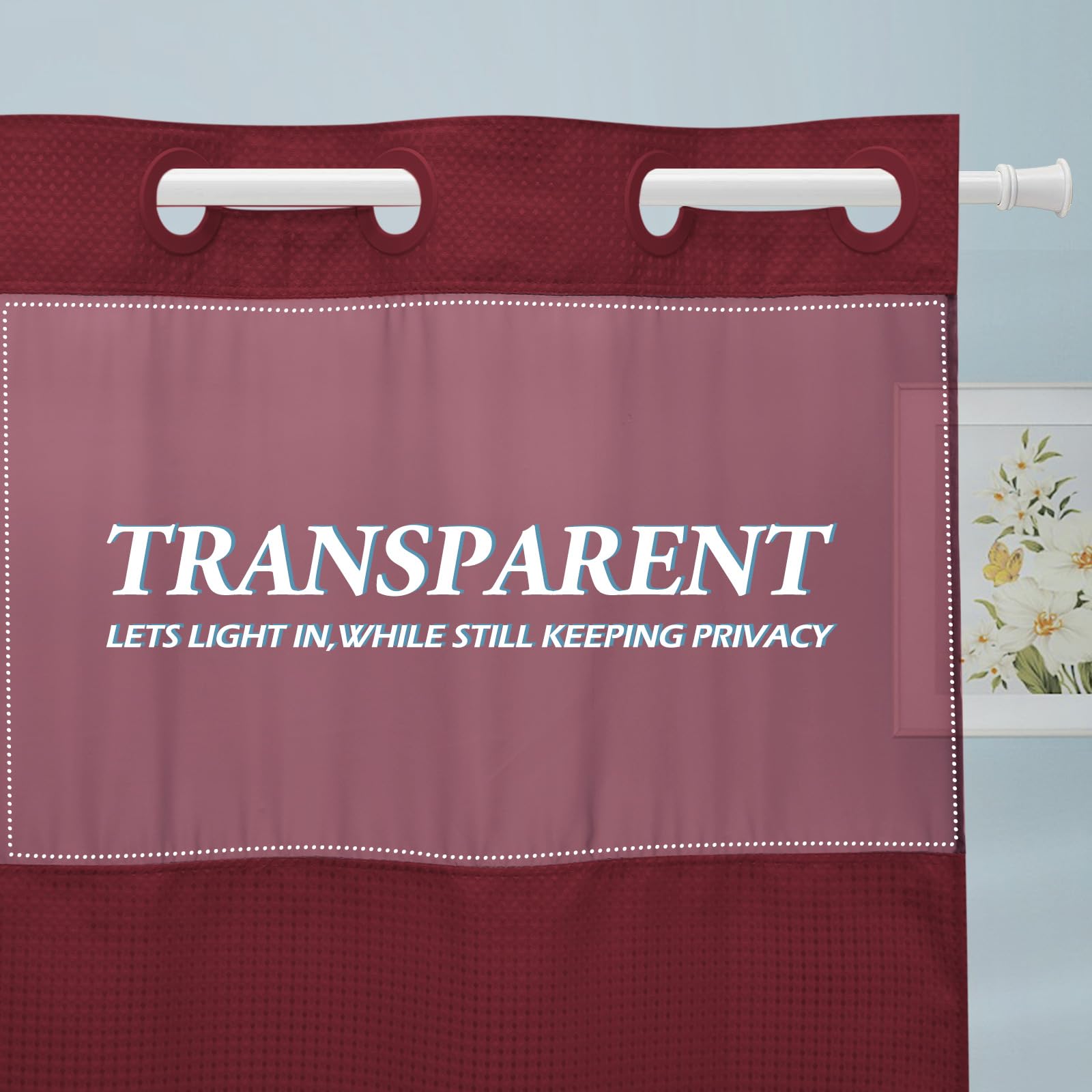 Eutxl Burgundy Long No Hook Shower Curtain With Snap In Liner,230Gsm Waffle Weave Shower Curtains For Bathroom,71W X 86H