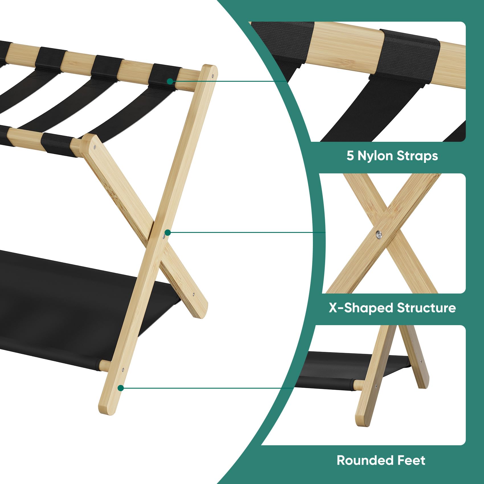 Smuxee Natural Bamboo Luggage Rack For Guest Room, Foldable Suitcase Stand With Storage Shelf, Easily Assembled Luggage Stand Wi