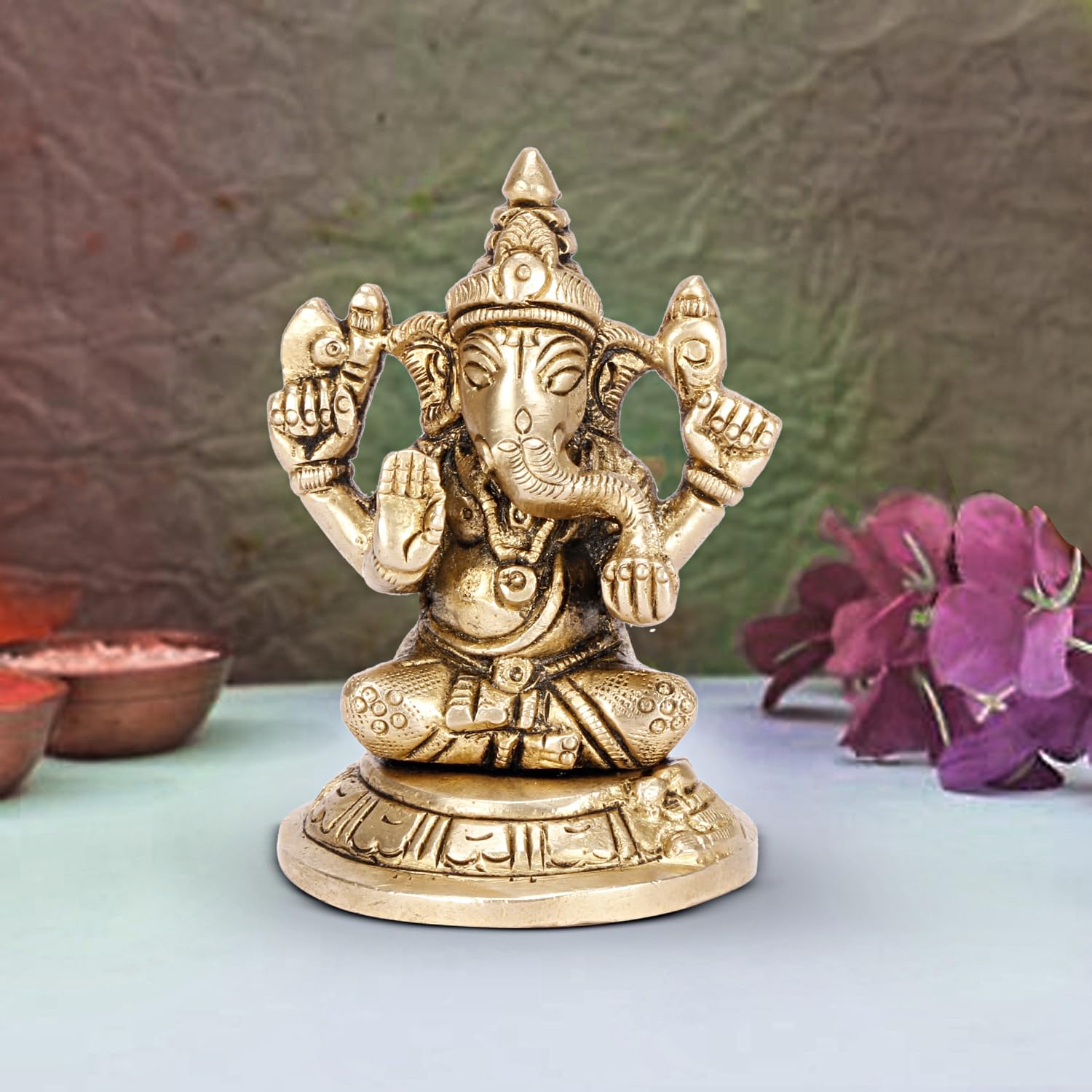 Platinum Brass- Pure Certified Brass Lord Ganesha 7Cm Idol For Home | Ganesh Murti | Unique Design For Desk, Car, And Home Decor