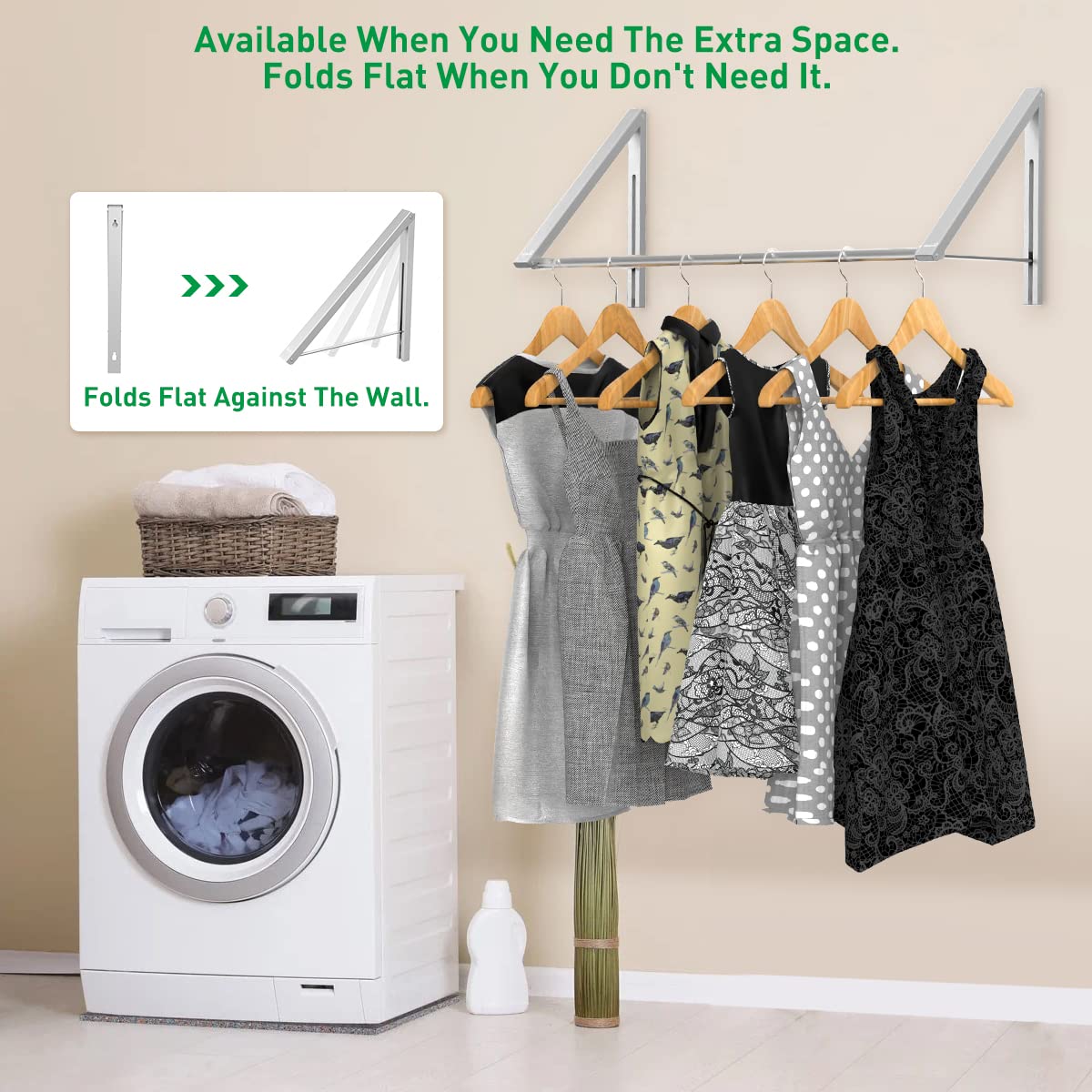 Anjuer Laundry Room Drying Rack Wall Mounted clothes Hanger Folding Wall coat Racks Aluminum Home Storage Organiser Space Savers Silver 2 Rakcs with Rod
