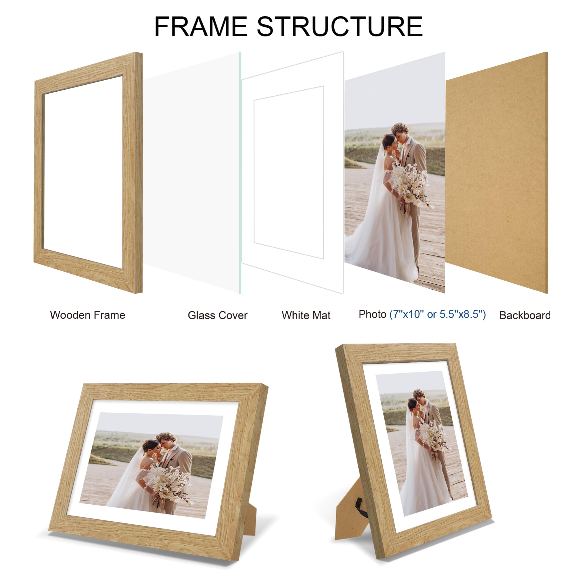 Hongkee 7x10 Picture Frame Set of 4, Made of Real Glass and Natural Oak Frame - Display Picture 5.5x8.5 with Mat or 7x10 Without