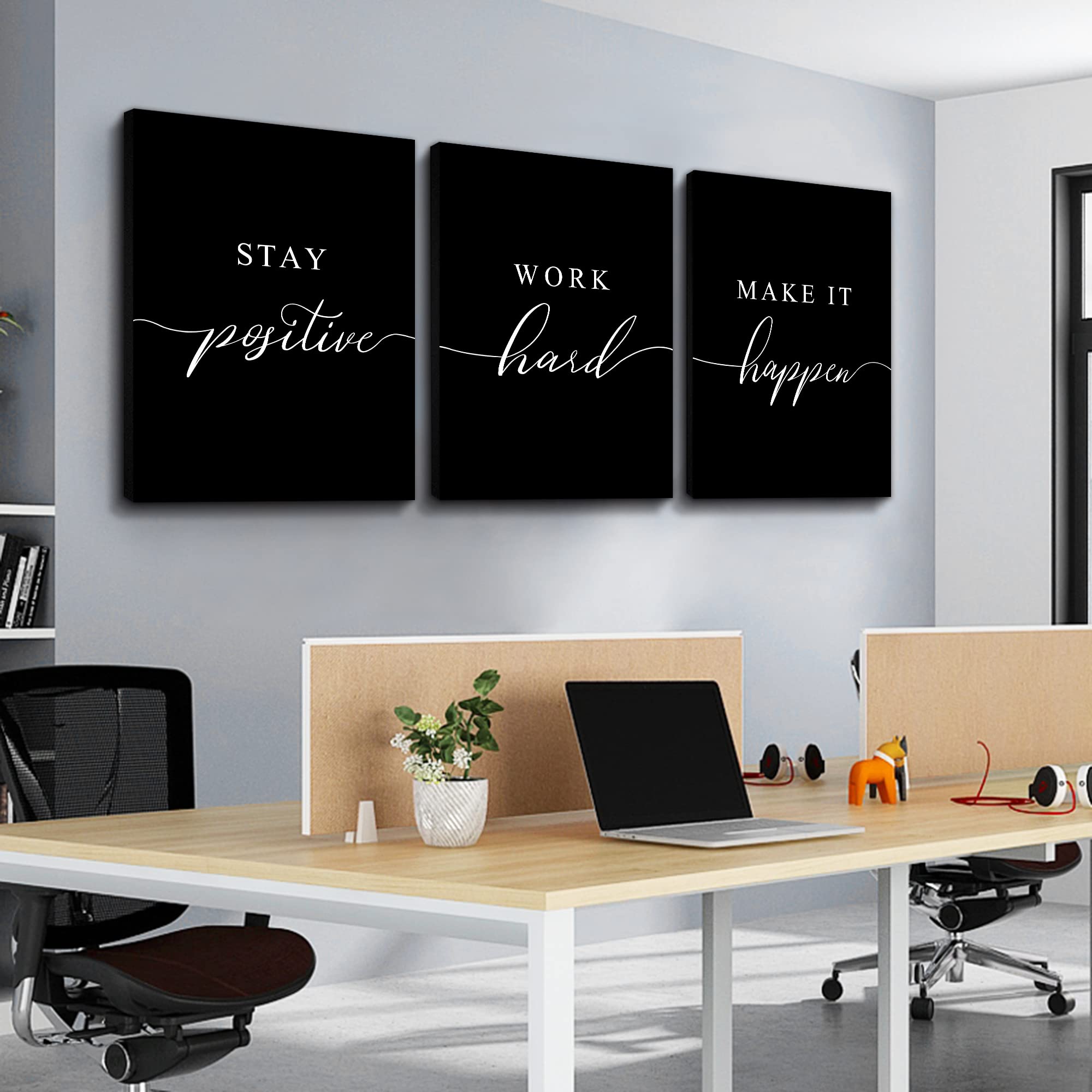 Stay Positive Letters Artwork,Framed Canvas Wall Art Positive Quote, Office Wall Art, Black Large Poster, Inspirational Prints F