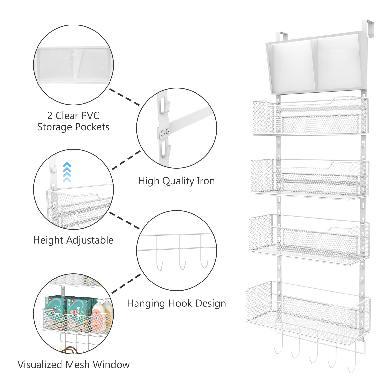 Hongtamoya Adjustable Over The Door Organizer, Hanging Door Storage With Pvc Pocket And 4 Metal Baskets Wall Mount, Behind Door
