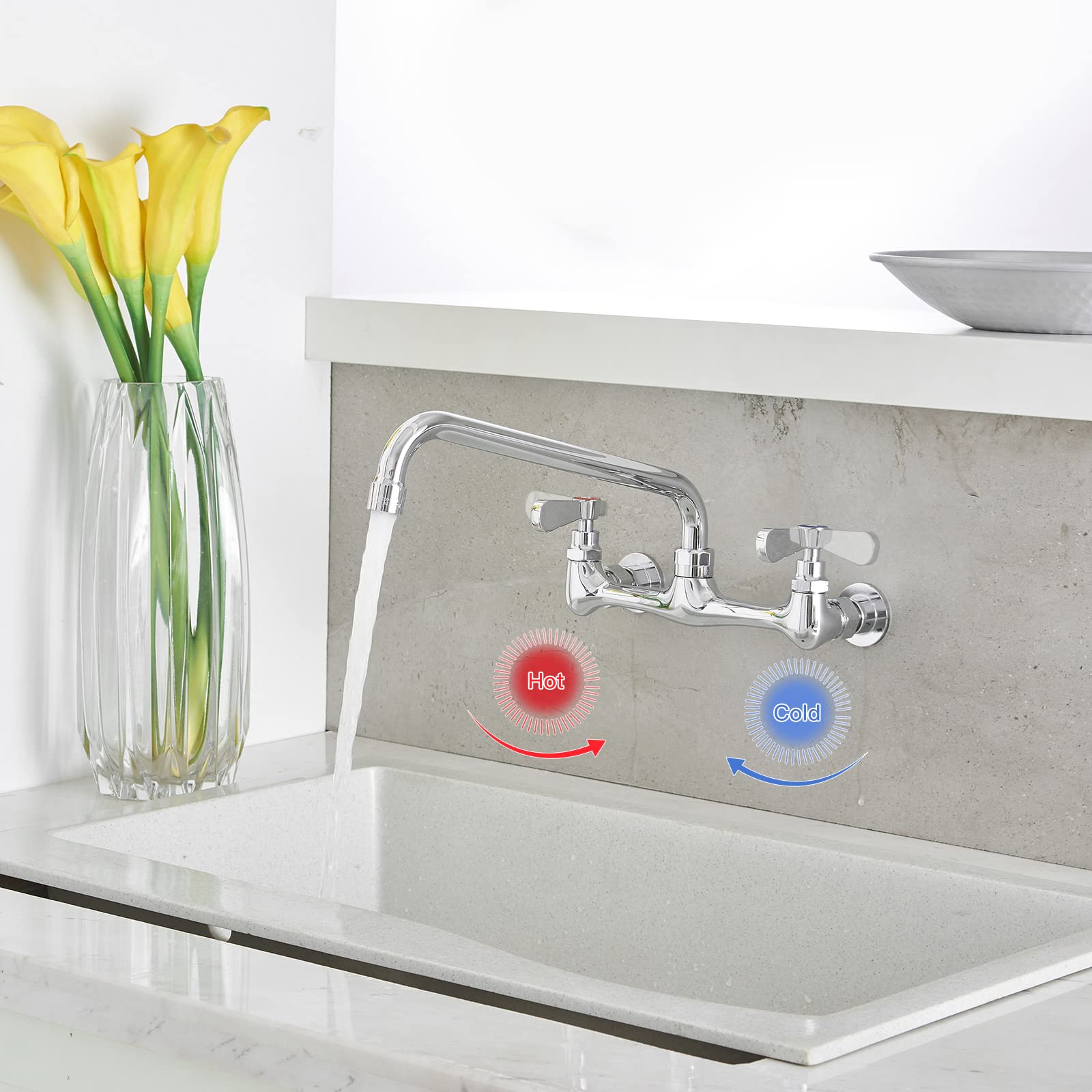 Bwe Kitchen Faucet Wall Mount 2 Handles Commercial Sink Faucet With 16 Inch Swivel Spout Kitchen Faucets, Utility Laundry Faucet