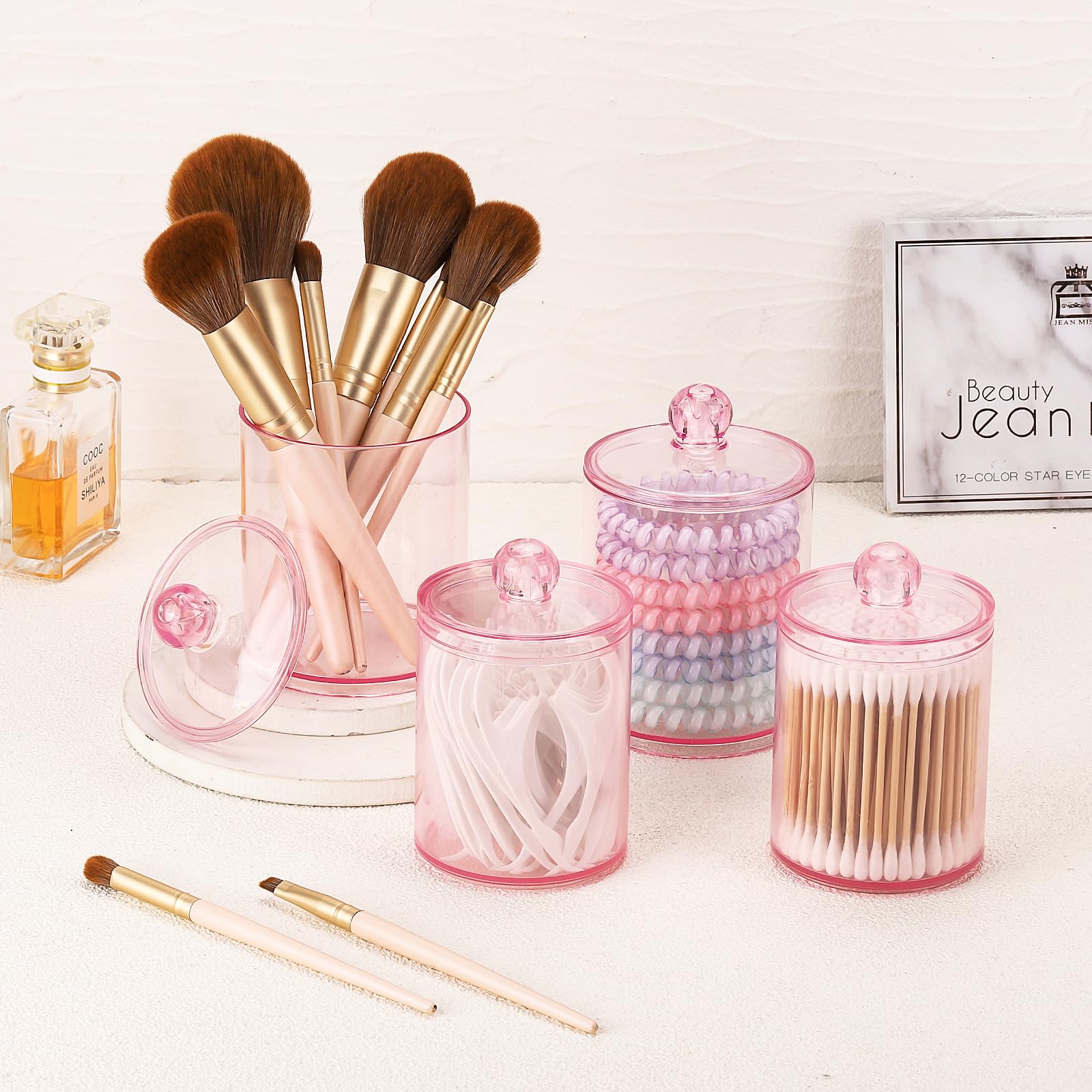 Tbestmax 12 Oz, 10 Oz Qtip Holder - 4 Pack Restroom Bathroom Organizers And Storage Containers, Pink Plastic Apothecary Jars Wit
