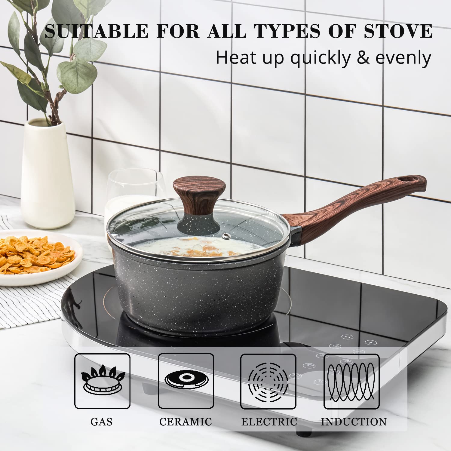 Sensarte Nonstick Sauce Pan With Lid, 2Qt Small Sauce Pot With Swiss Granite Coating, Stay-Cool Handle, Multipurpose Handy Littl