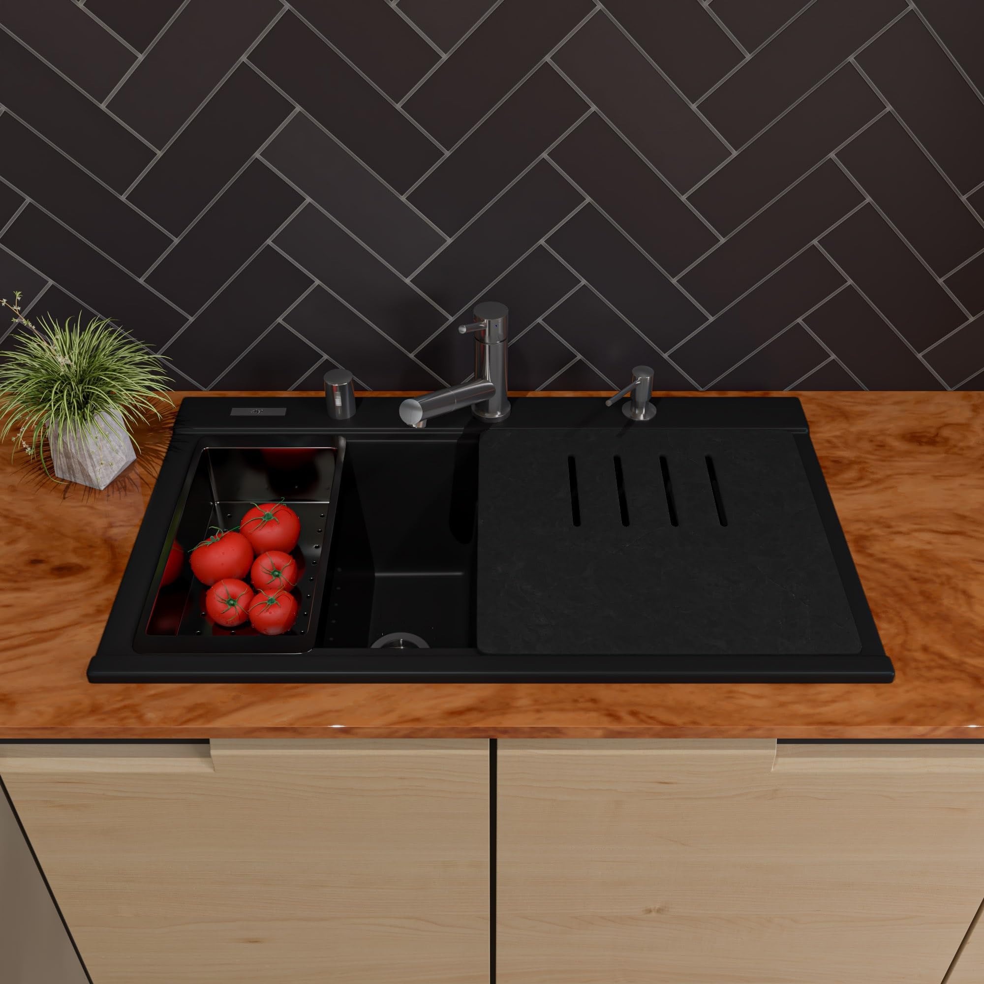 Alfi Brand Ab3418Dbdi-Bla Black 33'' Granite Composite Workstation Step Rim Double Bowl Drop In Sink With Accessories
