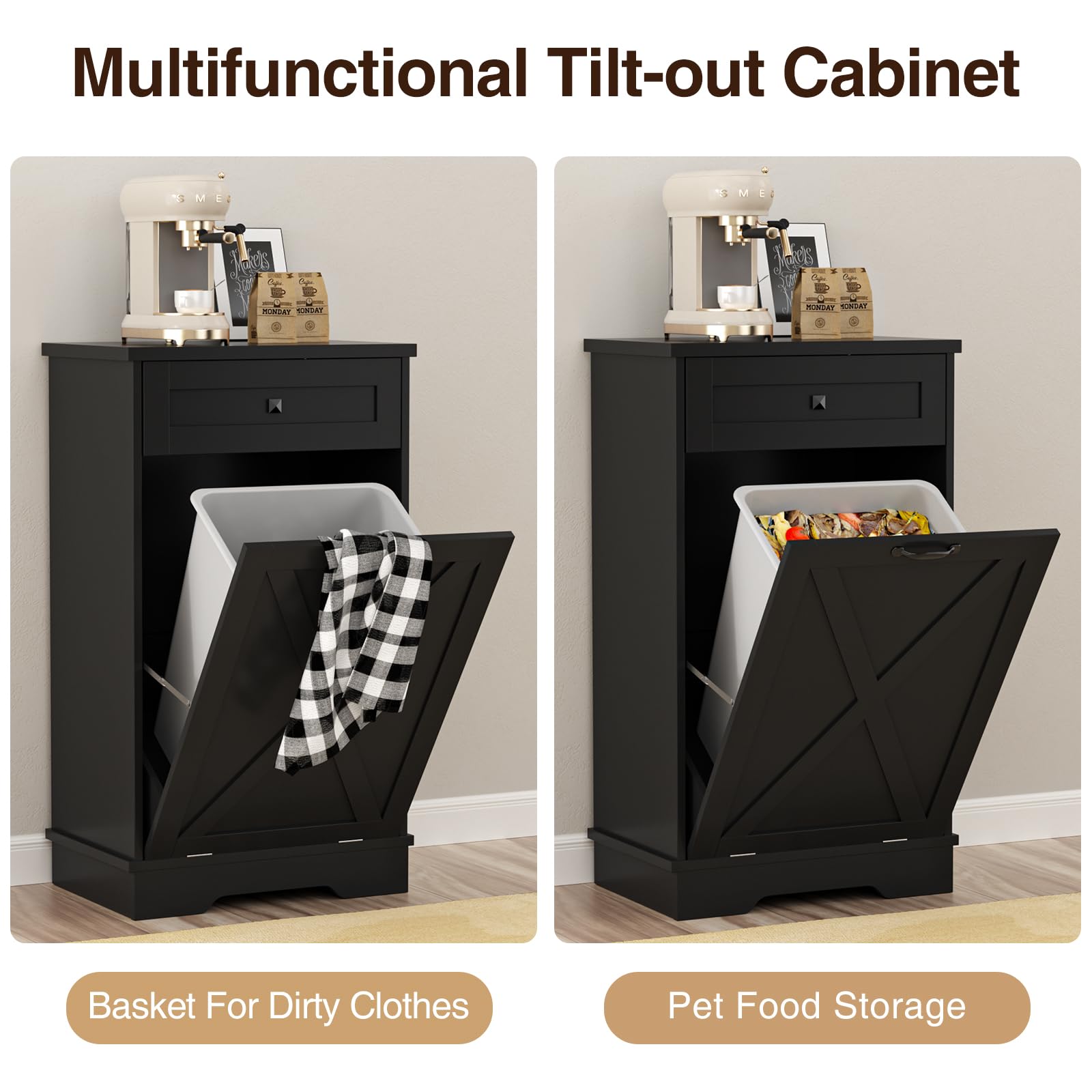 Tilt Out Trash Cabinet, Farmhouse Trash Can Cabinet W/Negative Ion, Dog Proof 10 Gallon Garbage Can Cabinet For Kitchen, Bathroo