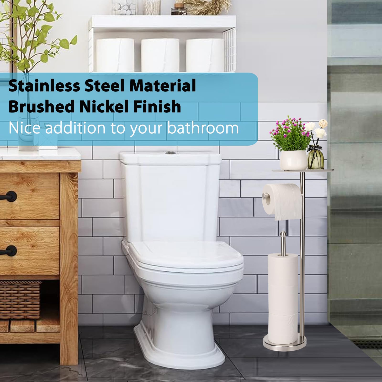 Noonext Toilet Paper Holder With Shelf, Freestanding Toilet Paper Stand With Tray For Small Items, Toilet Paper Holder Freestand