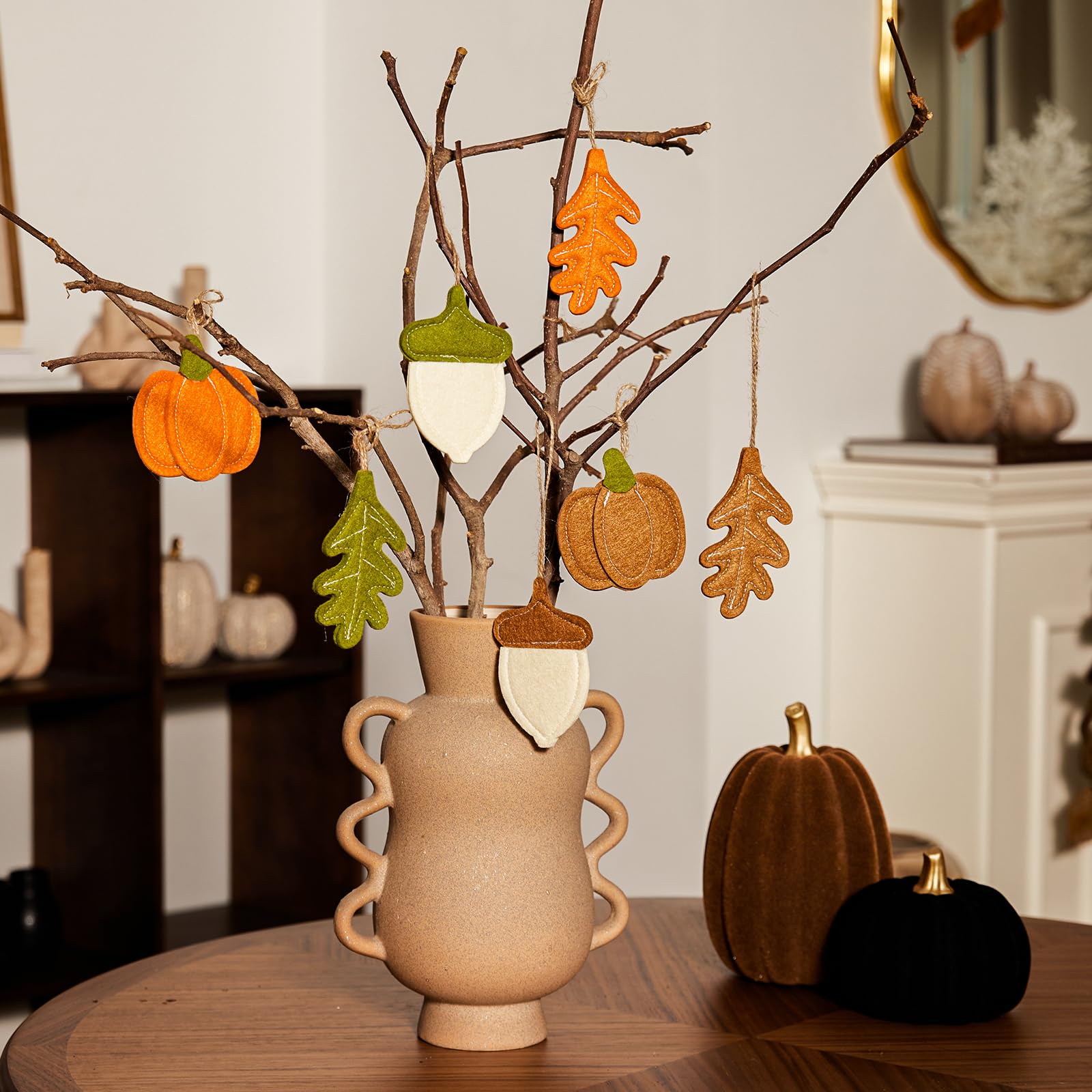 DN DECONATION 12PCS Fall Tree Decorations Felt Ornaments, Felt Pinecones Leaves Mini Pumpkins Ornament Set for Small Tree Thanks