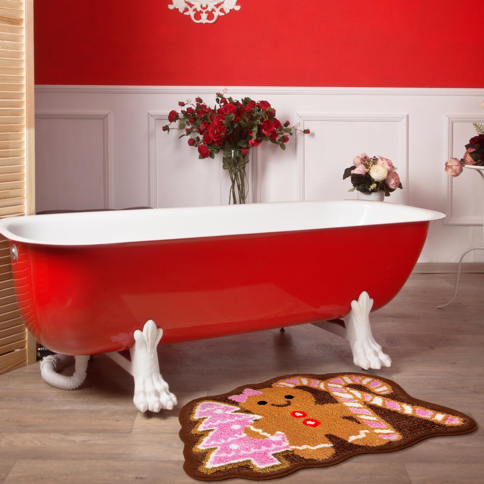 Drydiet Christmas Gingerbread Man Bathroom Rug Cute Xmas Candy Cane Christmas Tree Door Mat Bath Mat Shower Bathroom Decoration