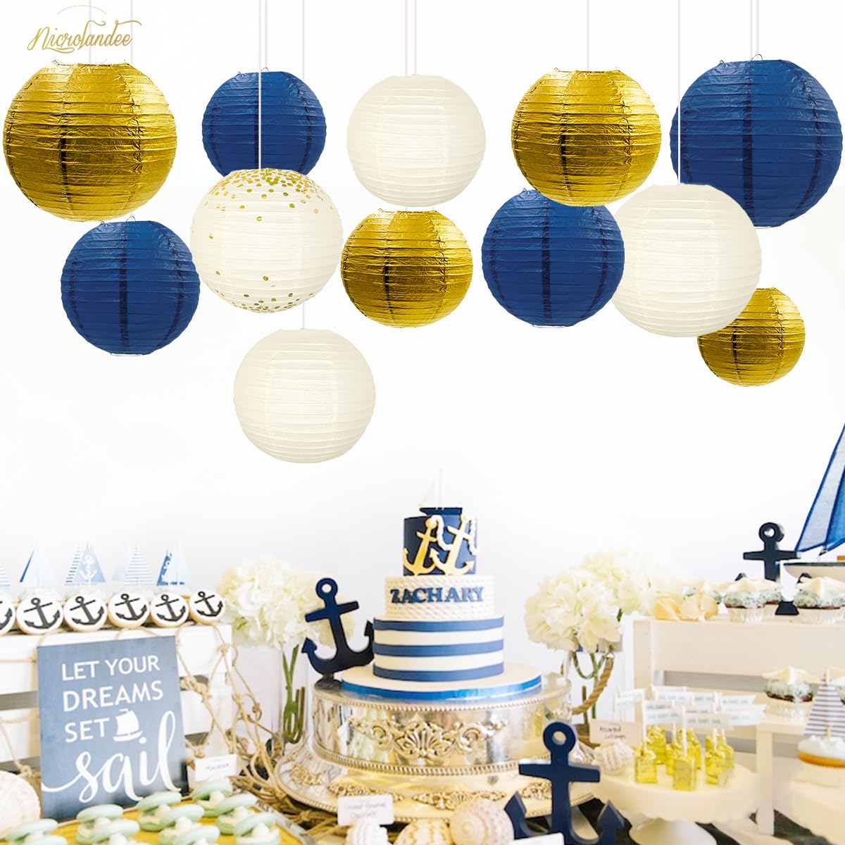 NICROLANDEE Party Decorations - 12PCS Navy Blue Gold Glitter Hanging Paper Lanterns for Graduation Decoration, Birthday, Bridal