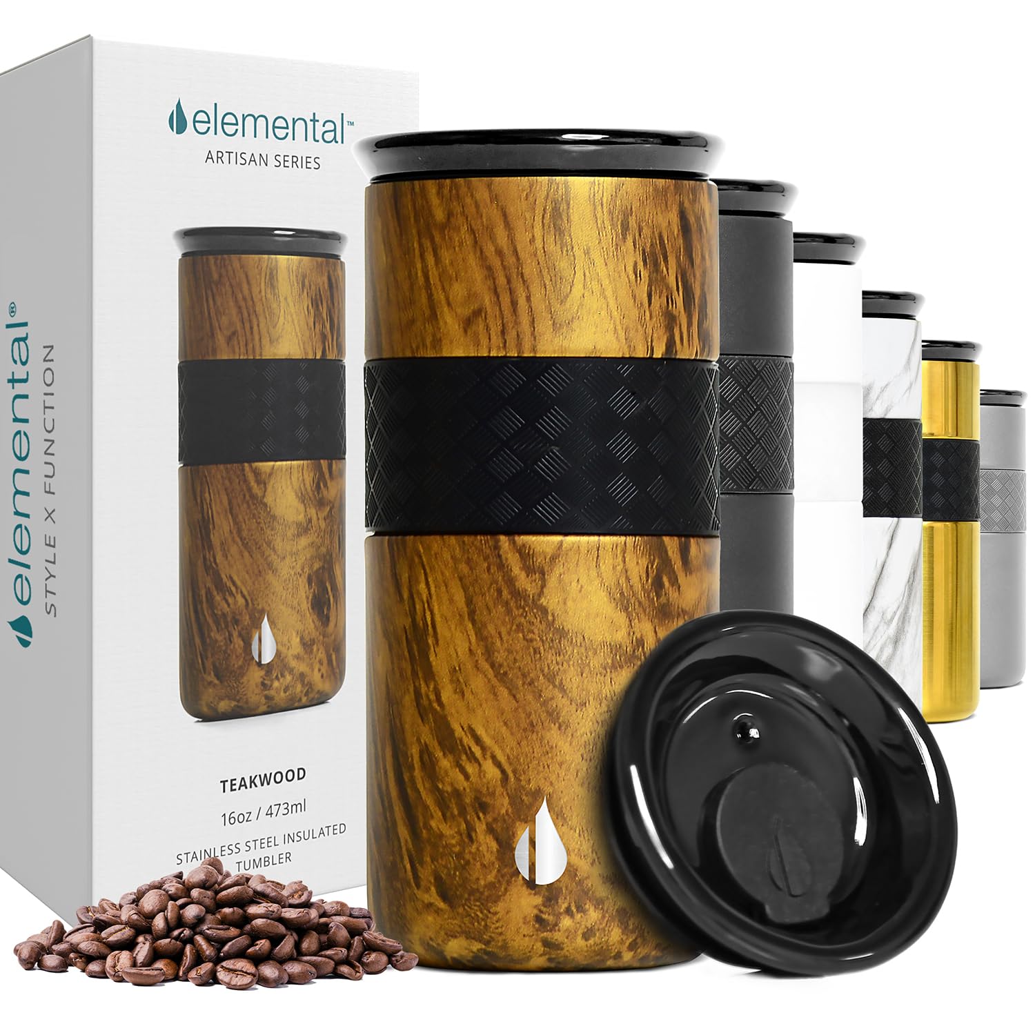 Elemental Artisan Insulated Tumbler, Triple Wall Coffee Travel Mug, Reusable Stainless Steel Coffee Tumbler With Ceramic Lid, Th
