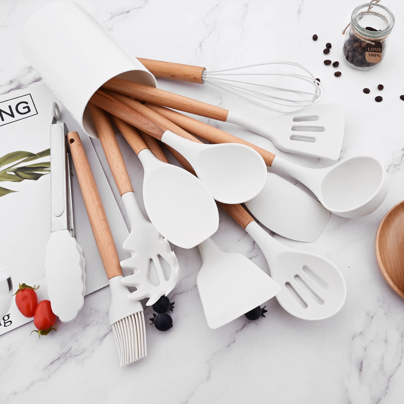 Briiec 12Pcs Wooden Handle Silicone Kitchen Utensils Set, Non-Stick Silicone Cooking Utensils, White Spatula Set, Turner Spoon,