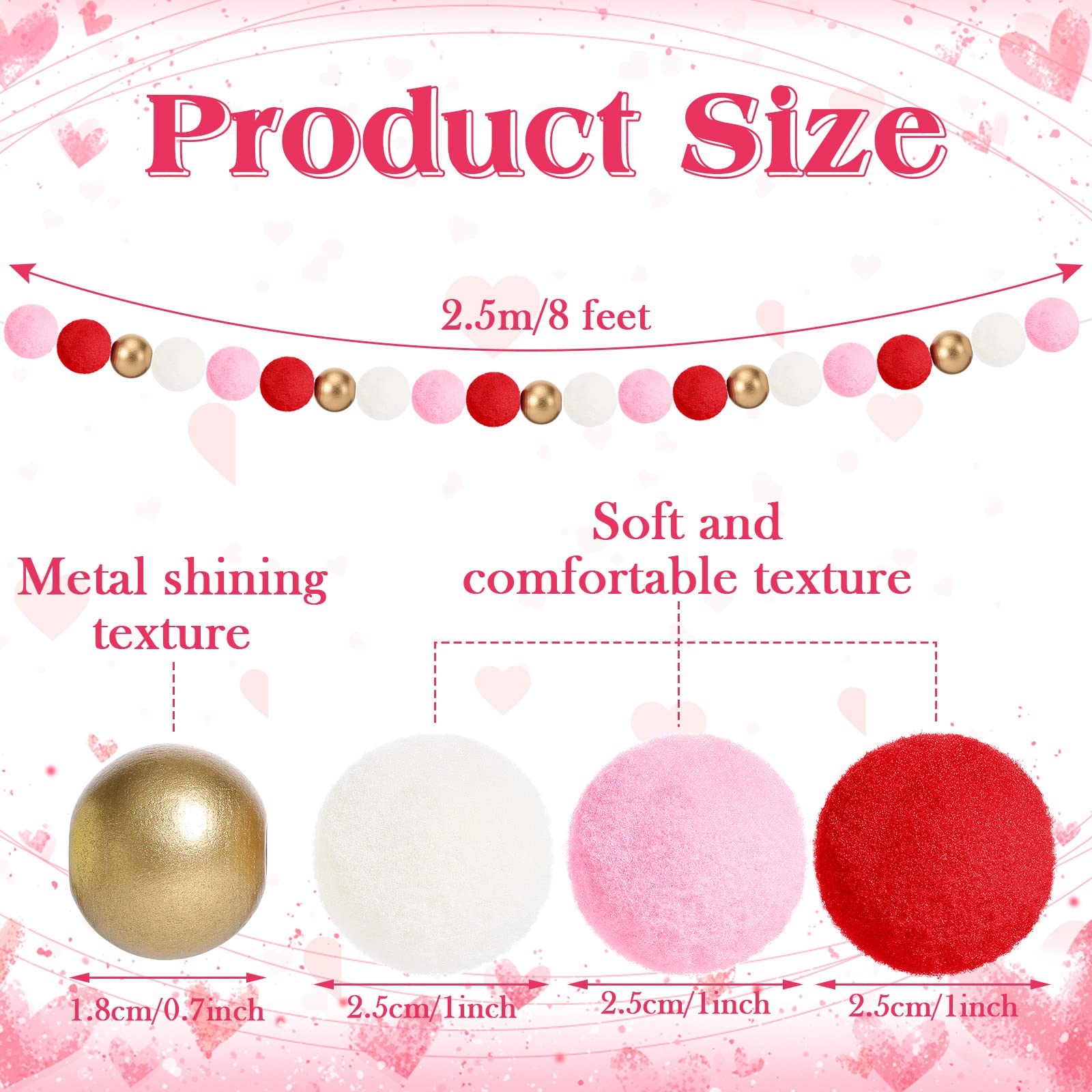 2 Pcs Valentines Day Garland Decoration Valentine Pom Pom Wool and Wood Felt Ball Valentines Felt Garland with Gold Wood Beads V