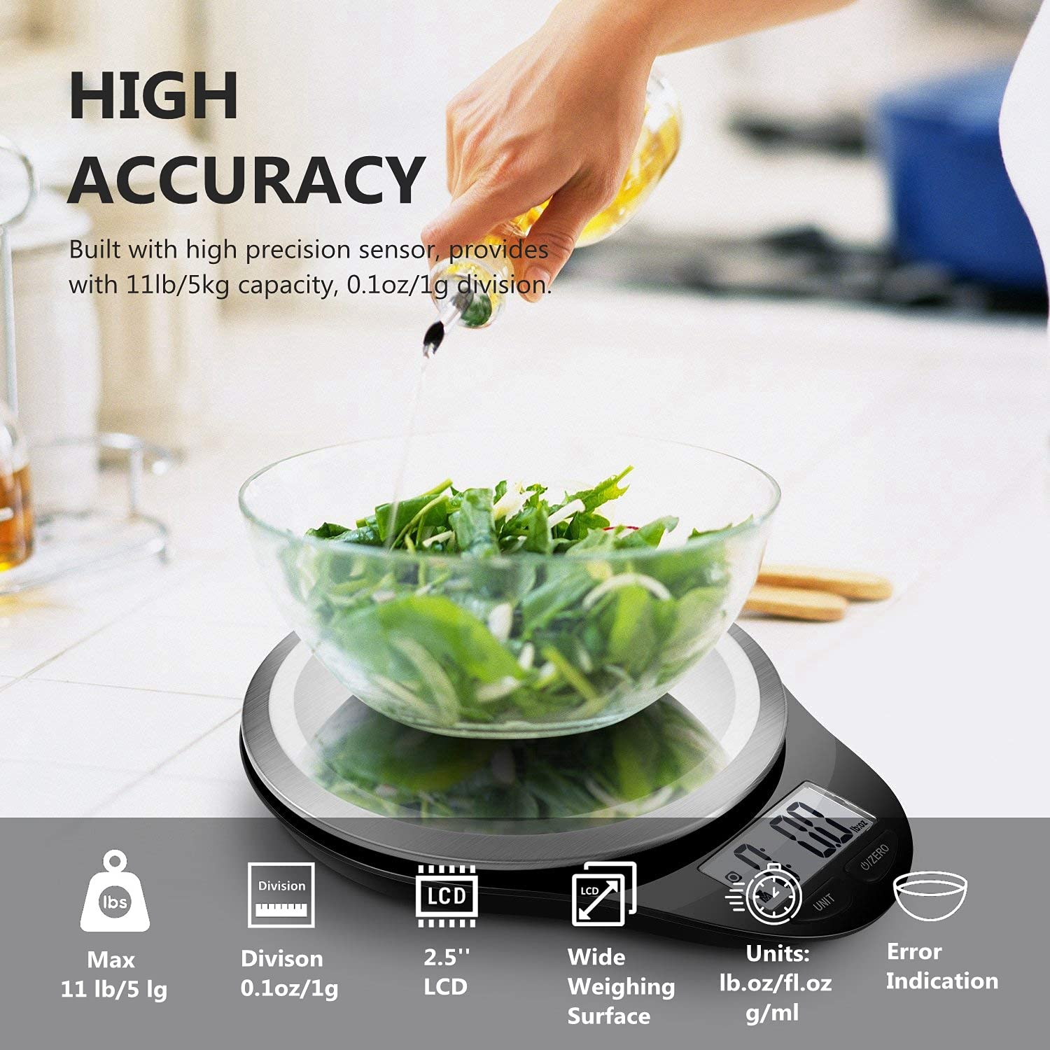 NUTRI FIT Digital Kitchen Scale - Accurate Weight Grams & Ounces, Max 11lb, Black, Model EK3226-NF-BB, Stainless Steel Platform