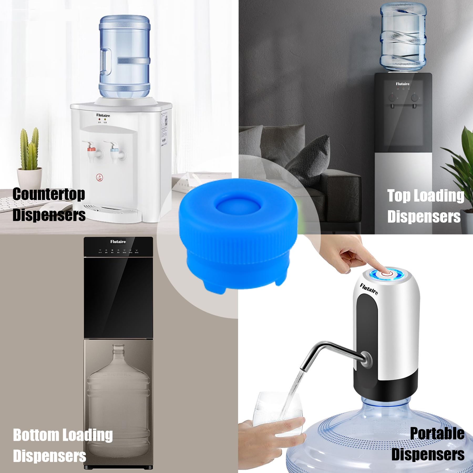 Flutaire [3-Pack] Water Jug Cap For 2,3,4,5 Gallon Water Bottles With 55Mm Standard/Screw/Crown Opening, Food-Grade Silicone Reu