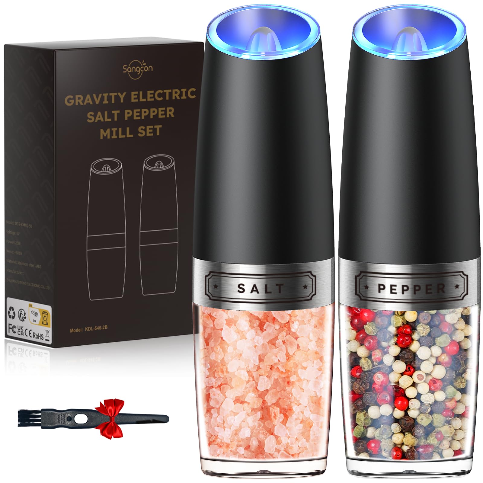 Sangcon Gravity Electric Salt And Pepper Grinder Set Automatic Shakers Mill Grinder With Led Light, Battery Powered Adjustable C