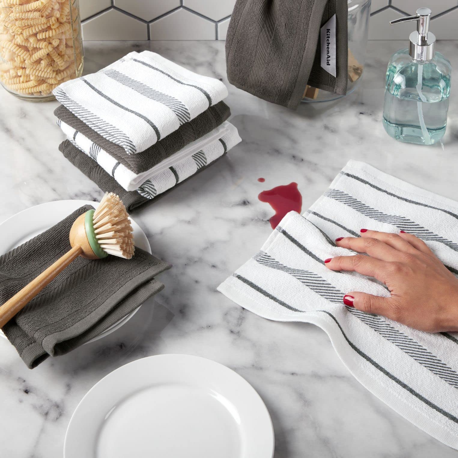 Kitchenaid Albany Dishcloth 8 Pack Set, Charcoal Grey/White, 12''X12''