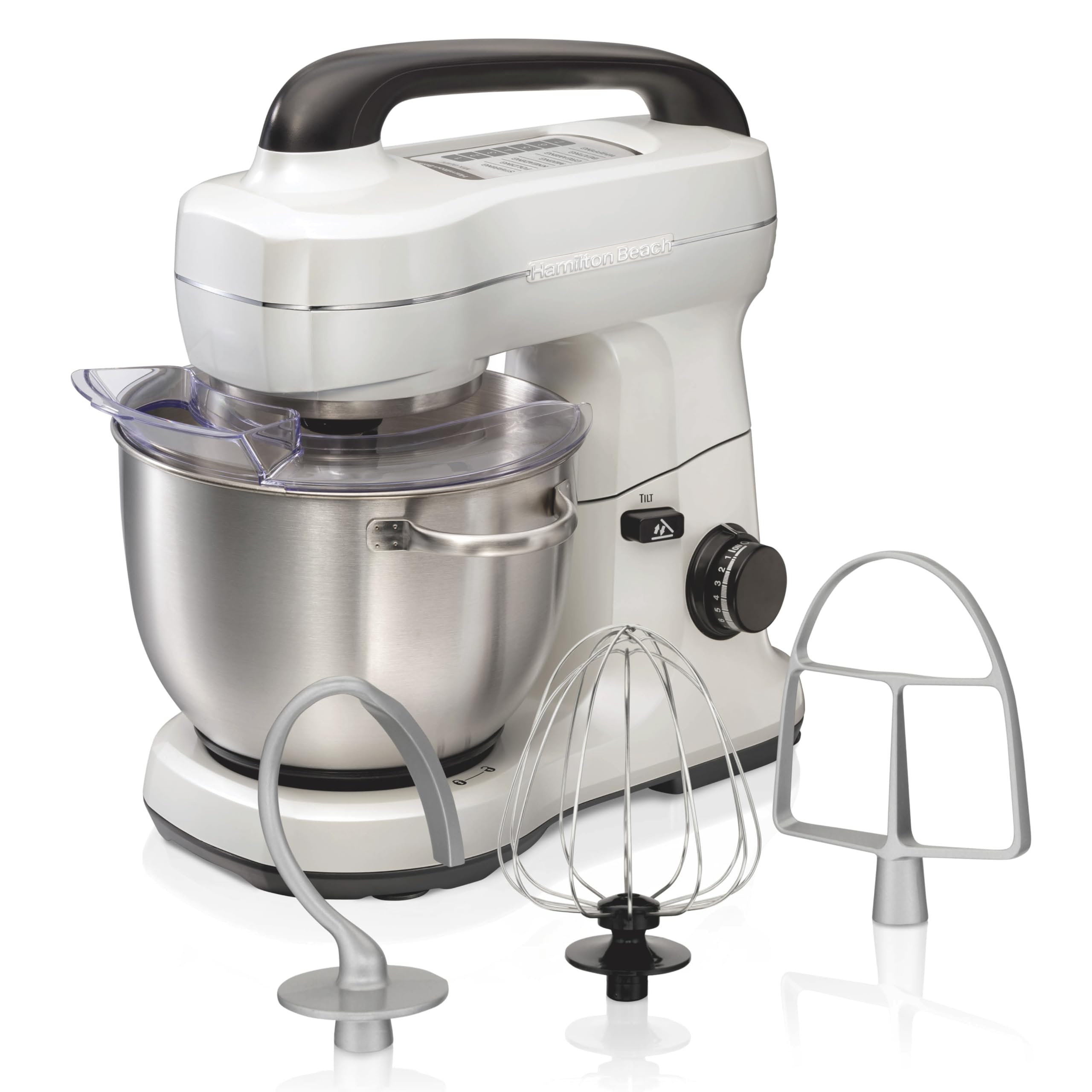 Hamilton Beach Electric Stand Mixer, 4 Quarts, Dough Hook, Flat Beater Attachments, Splash Guard, 7 Speeds With Whisk, White