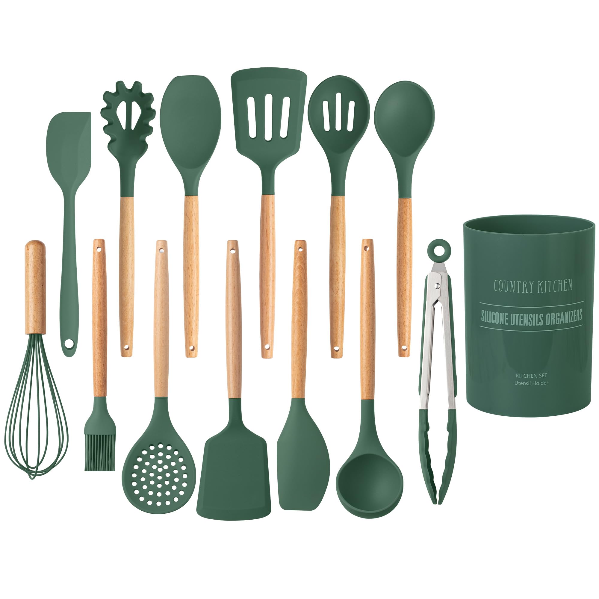Country Kitchen Non Stick Silicone Utensil Set with Rounded Wood Handles for Cooking and Baking, 14 Piece Set, Green
