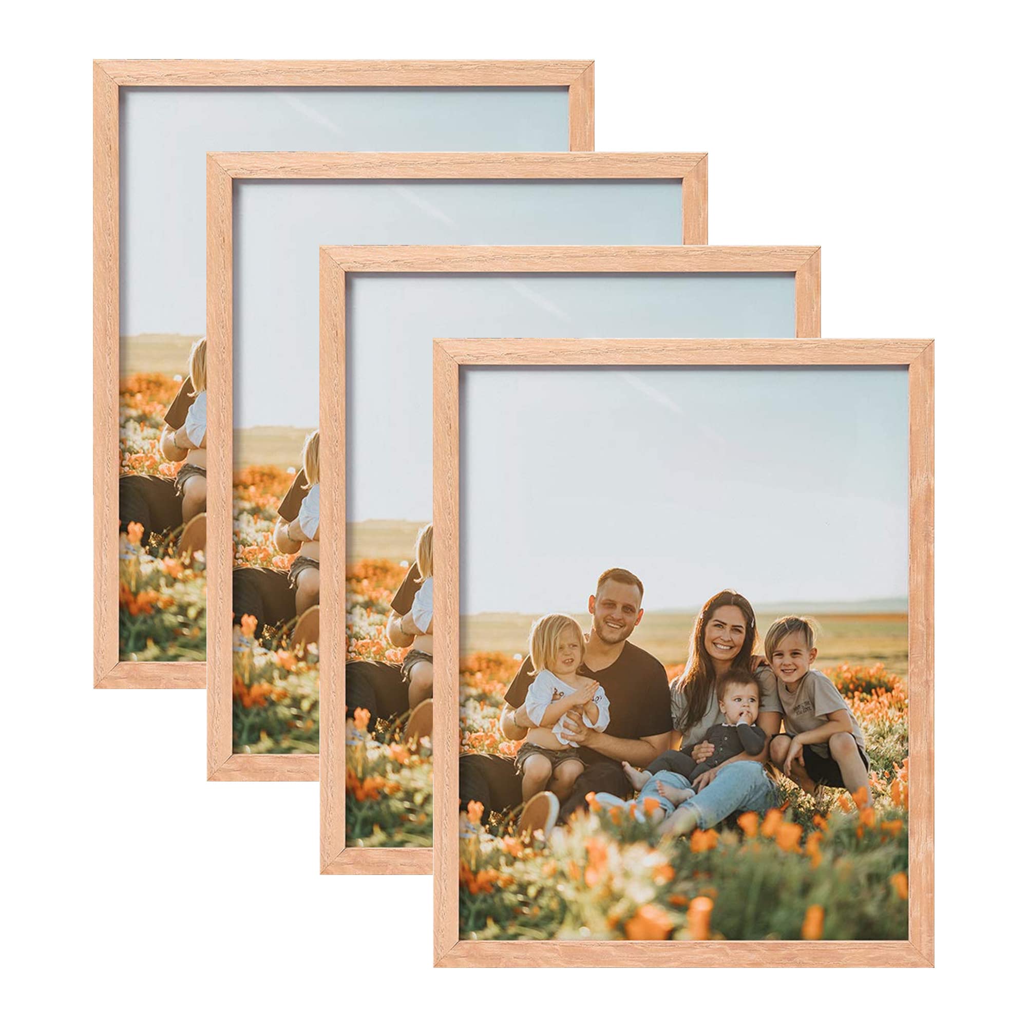 ATOBART 8x10 Set of 4 OAK Wood Picture Frame Solid Wooden Photo Frame Natural Wood Color Frames with Real Glass for Wall Mountin