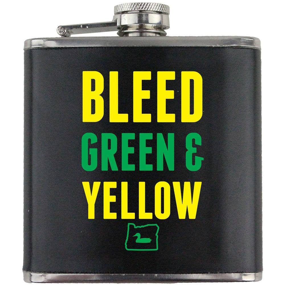 Bleed Green and Yellow I Duck Oregon Stainless Steel Leather Wrapped 6oz. Flask