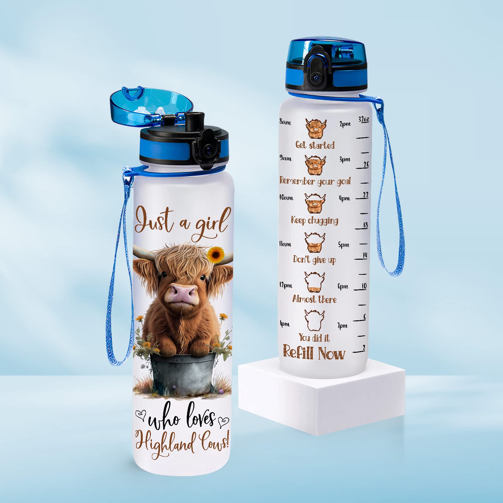 Highland Cow Gifts, Highland Cow Water Bottle 32 Oz With Time Marker, Just A Girl Who Loves Cow Tumbler, Cow Gifts For Cow Lover