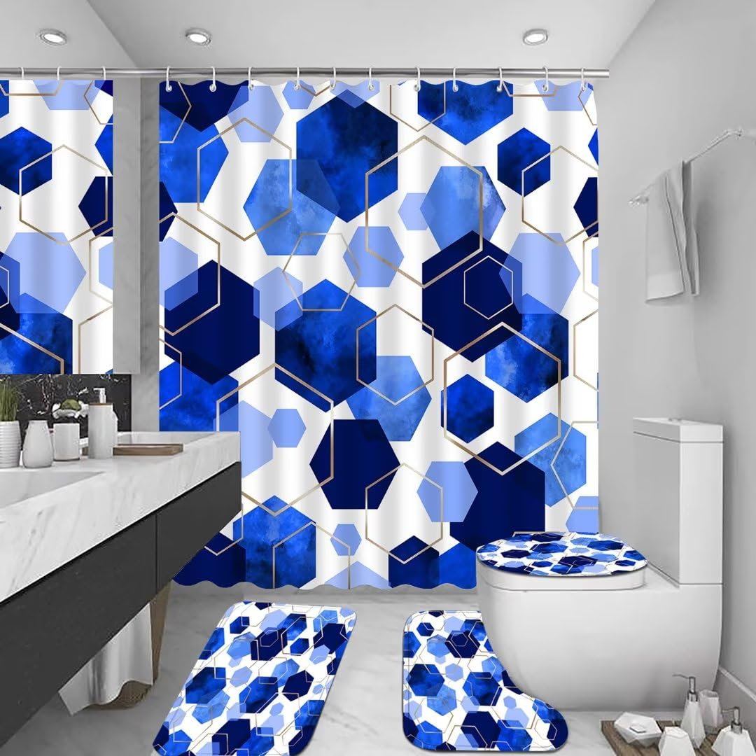 Lqcool Blue Bathroom Curtain Set, 4Pcs Modern Art Geometric Shower Curtain With 12 Hooks, Waterproof, Blackout, 70.8' L X 70.8'
