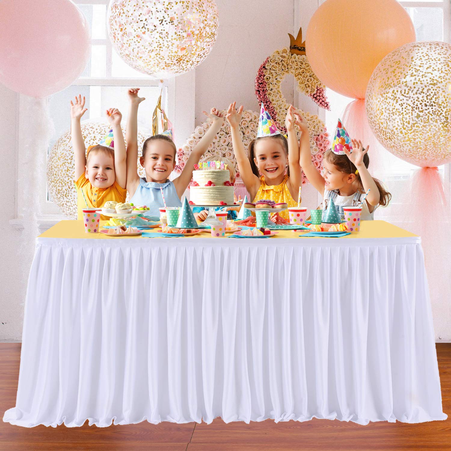 Little Funny 14Ft White Table Skirts For Rectangle Tables Polyester Pleated Table Skirt Ruffle Tablecloth For Wedding Birthday P