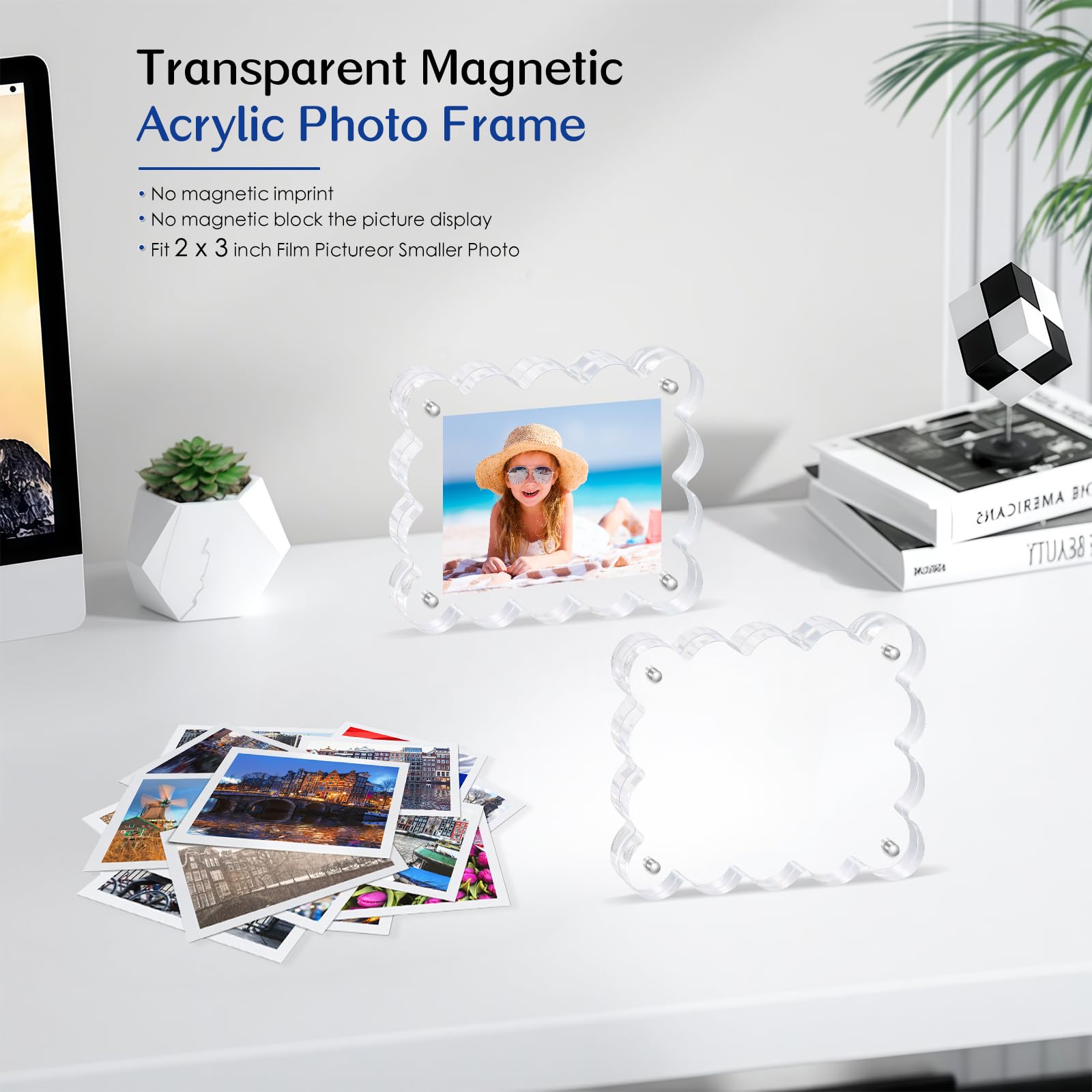 Novacrylion 6Pack Magnetic Acrylic Picture Frames 2  3 Inch - Scalloped Glass Frame with 10+10mm Thick Block, Double Sided Clear