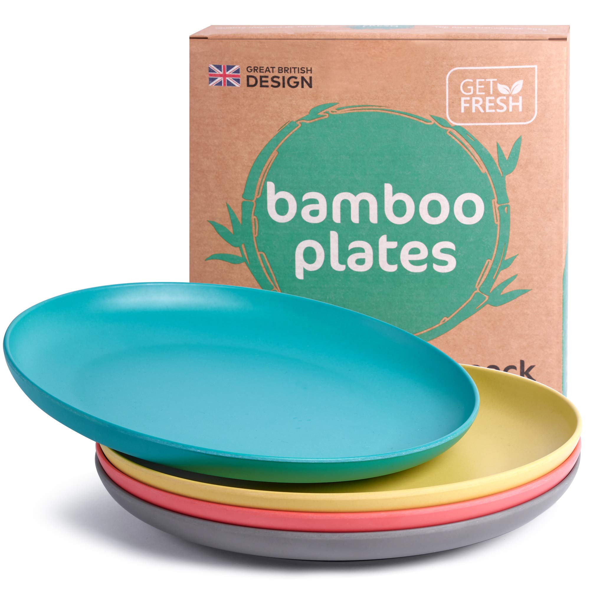 Get Fresh Bamboo Kids Plates Set - 4-Pack Reusable Bamboo Dinner Plates For Kids And Toddlers - Colorful Bamboo Fiber Childrens