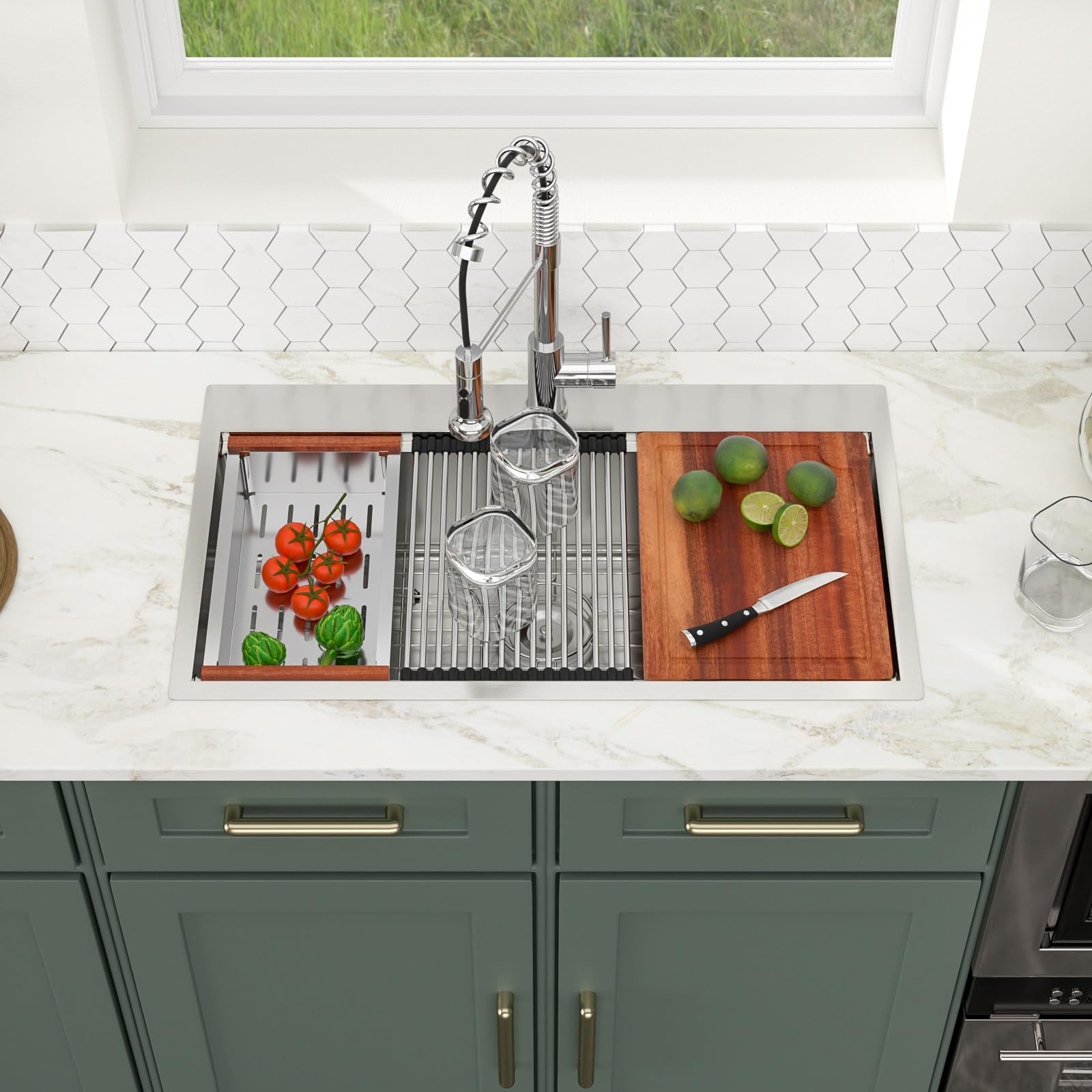 Logmey 33 Drop In Kitchen Sink - 33X19 Inch Stainless Steel 16 Gauge Workstation Kitchen Sinks Ledge Workstation Sink Single Bow