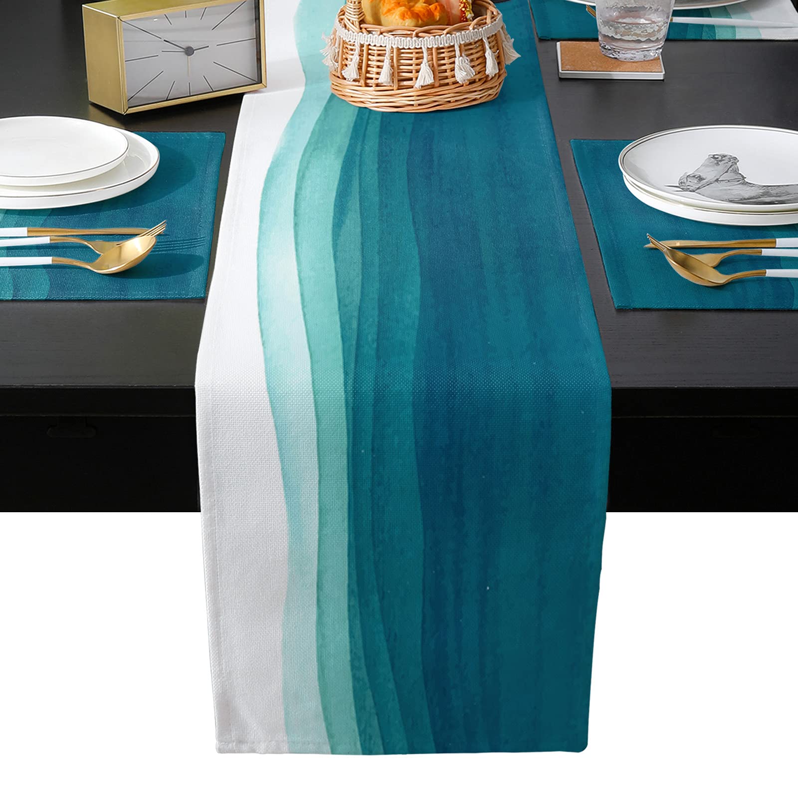 Teal Gradient Table Runner 70 Inch And Place Mats Set Of 6 Watercolor Teal White Gradient Cotton Linen Table Mats Set, Heat Insu