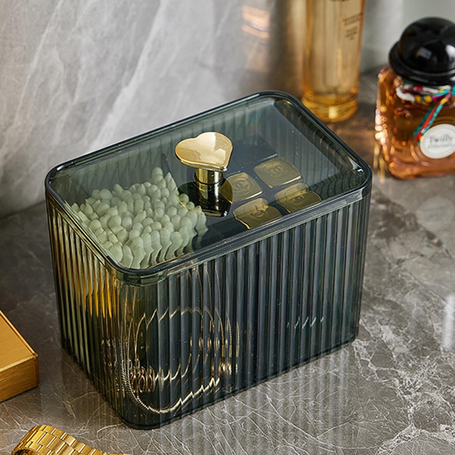 Wiwiuxy Qtips Holder Bathroom Container,3-Section Cotton Ball/Swabs Dispenser,3 Grids Apothecary Jar Organizer, Cosmetics Storag
