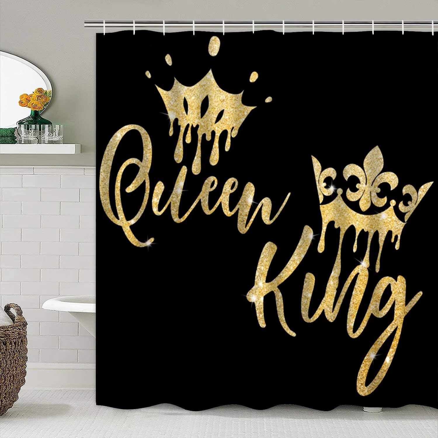 Azhm Queen And King Shower Curtain Set For Bathroom 4 Pcs Black Bathroom Accessory Decor Sets With Shower Curtain And Rugs
