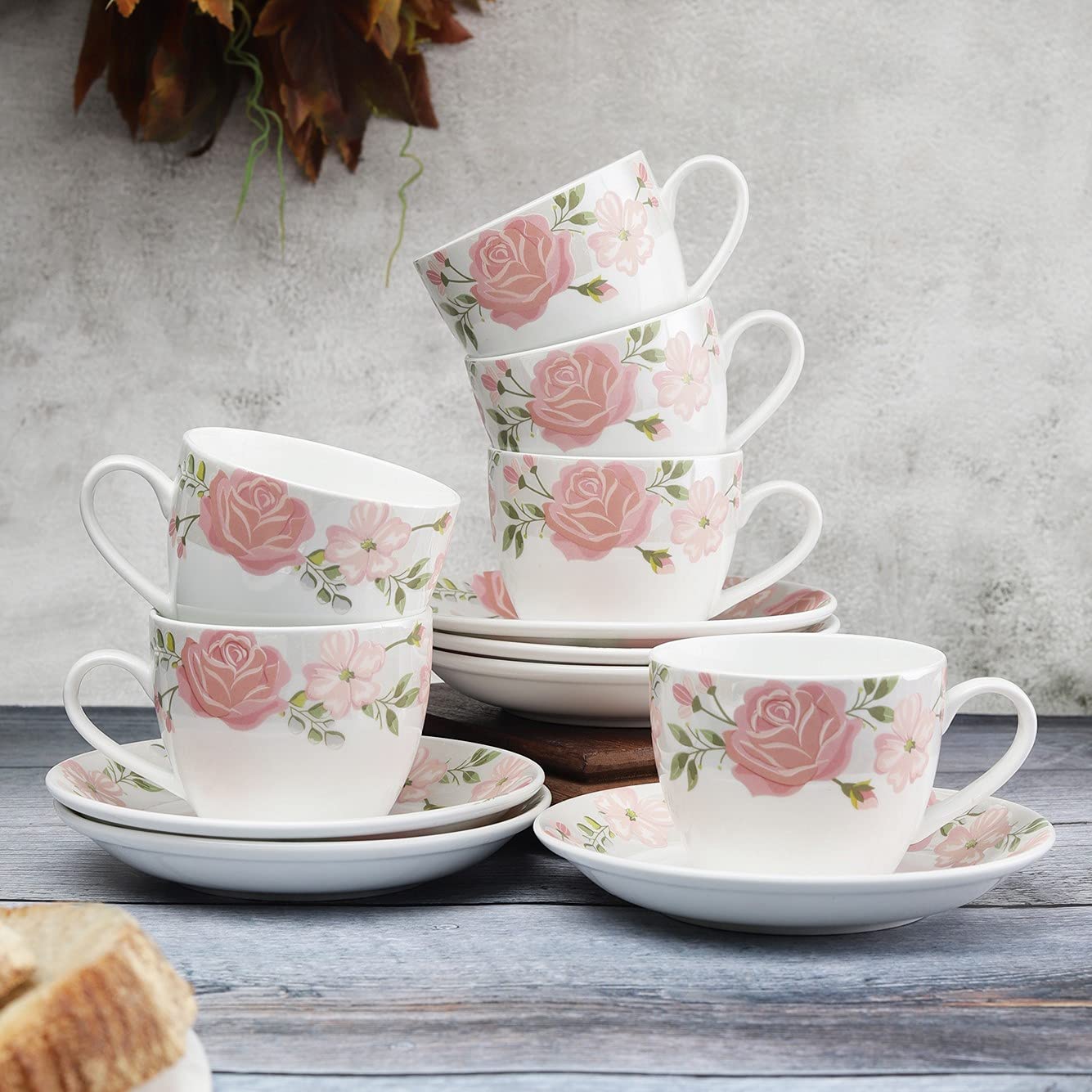 Clay Craft Fine Ceramic Cup&Saucer Set Of 12 (6 Tea Cups+6 Saucers) White Pink Floral Can Be Used For Birthdays,Anniversaries,Pa