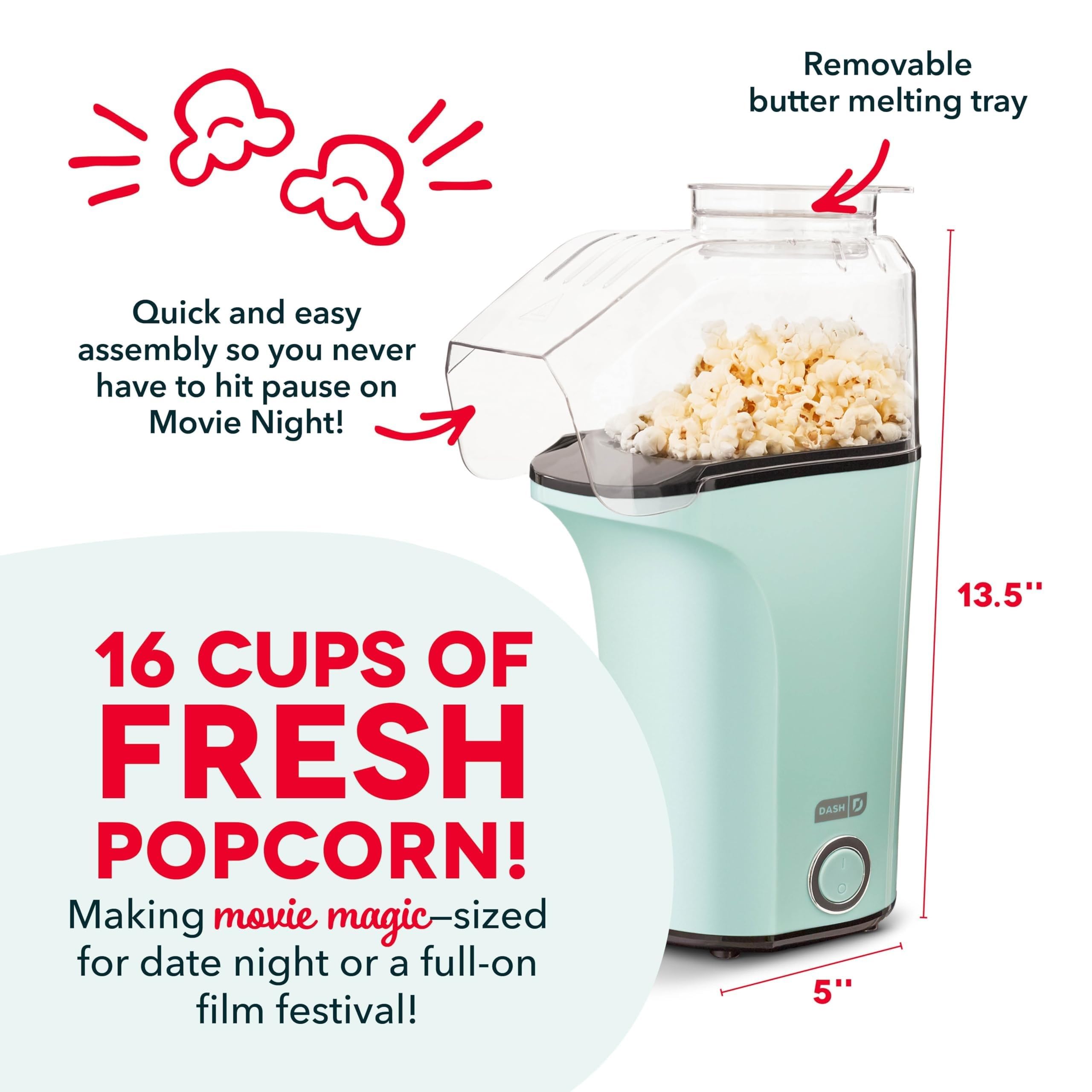 Dash Hot Air Popcorn Popper Maker With Measuring Cup To Portion Popping Corn Kernels + Melt Butter, 16 Cups - Aqua