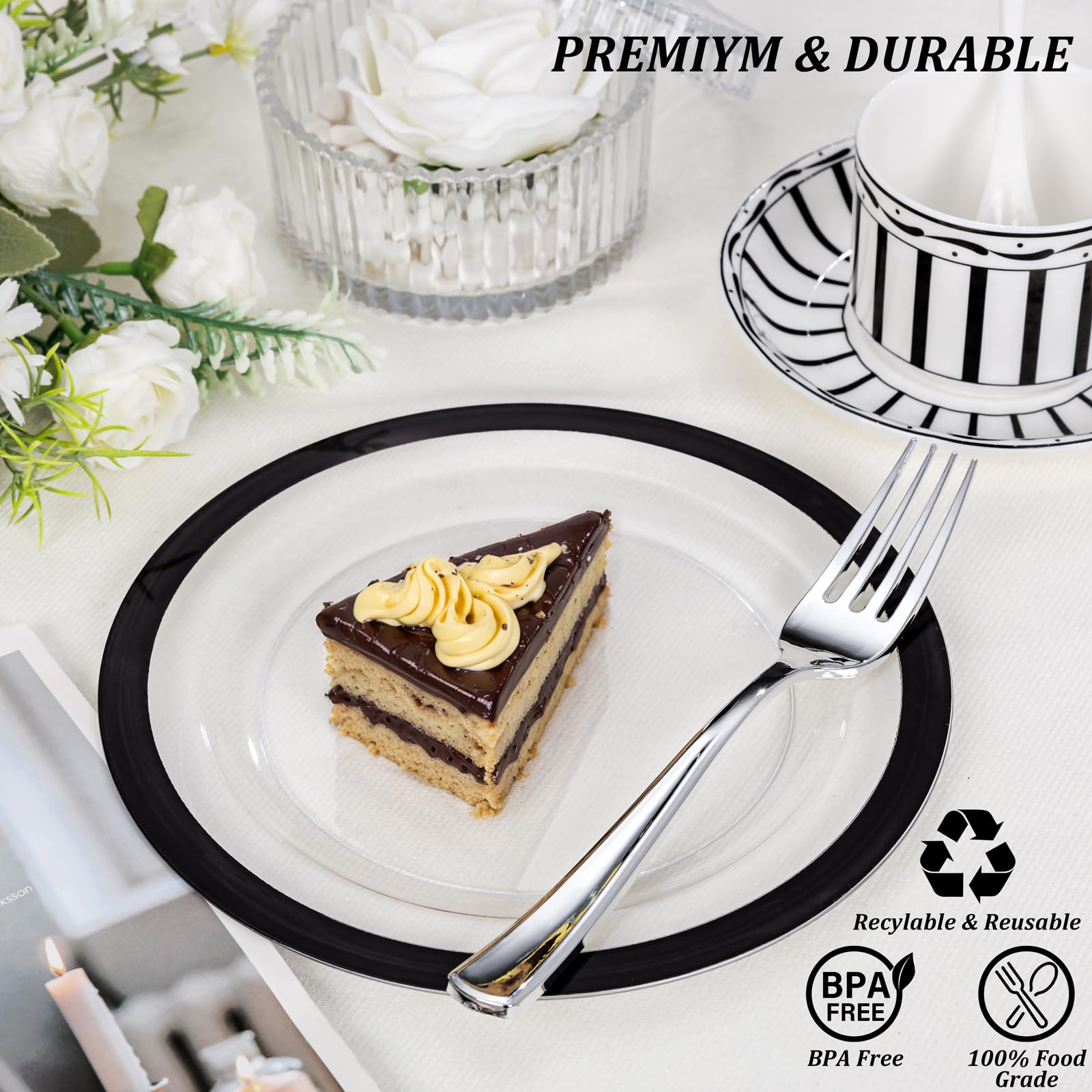 U-Qe 200 Pcs Clear And Black Plastic Plates - Black Plates Disposable Heavy Duty - Black Plastic Plates For Party - Include 100