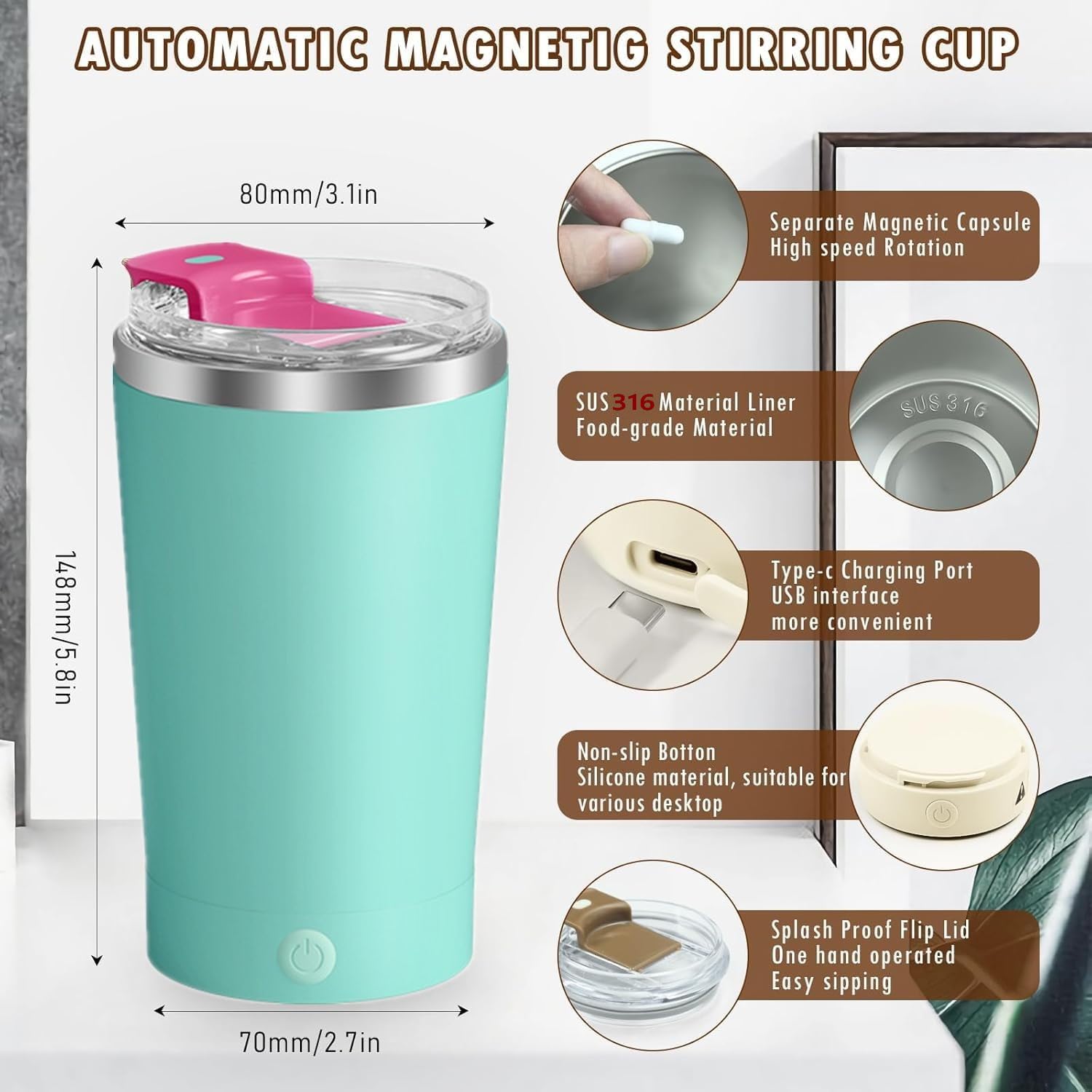 Self Stirring Mug With Lid 13.5 Oz Electric High Speed Mixing Cup 400Ml Rechargeable Automatic Stirring Coffee Mixer Cup(Color:G