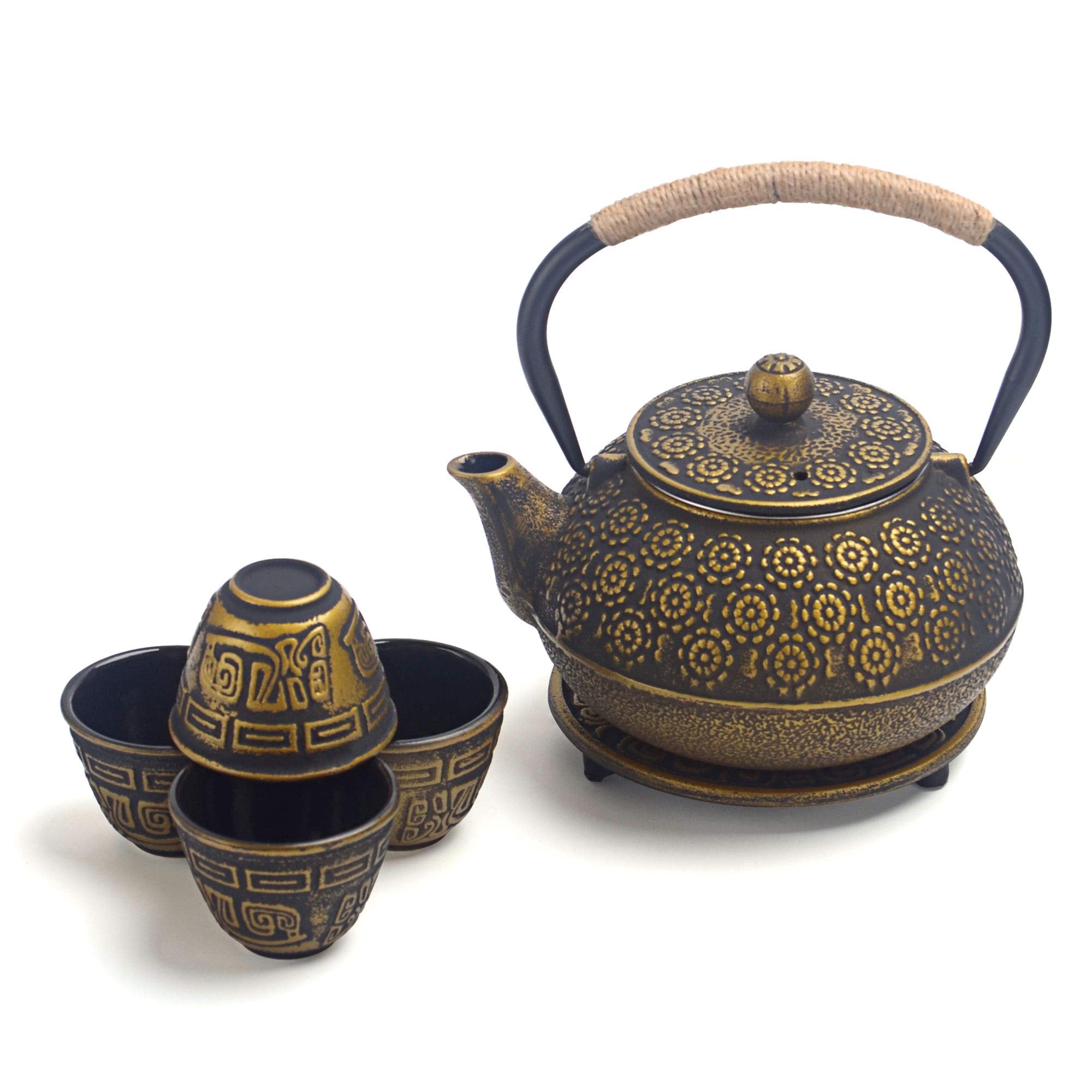 6 Piece Set Gold Japanese Cast Iron Teapot(30 Oz /900 Ml) With 4 Tea Cups (2 Oz Each), Leaf Tea Infuser And Trivet