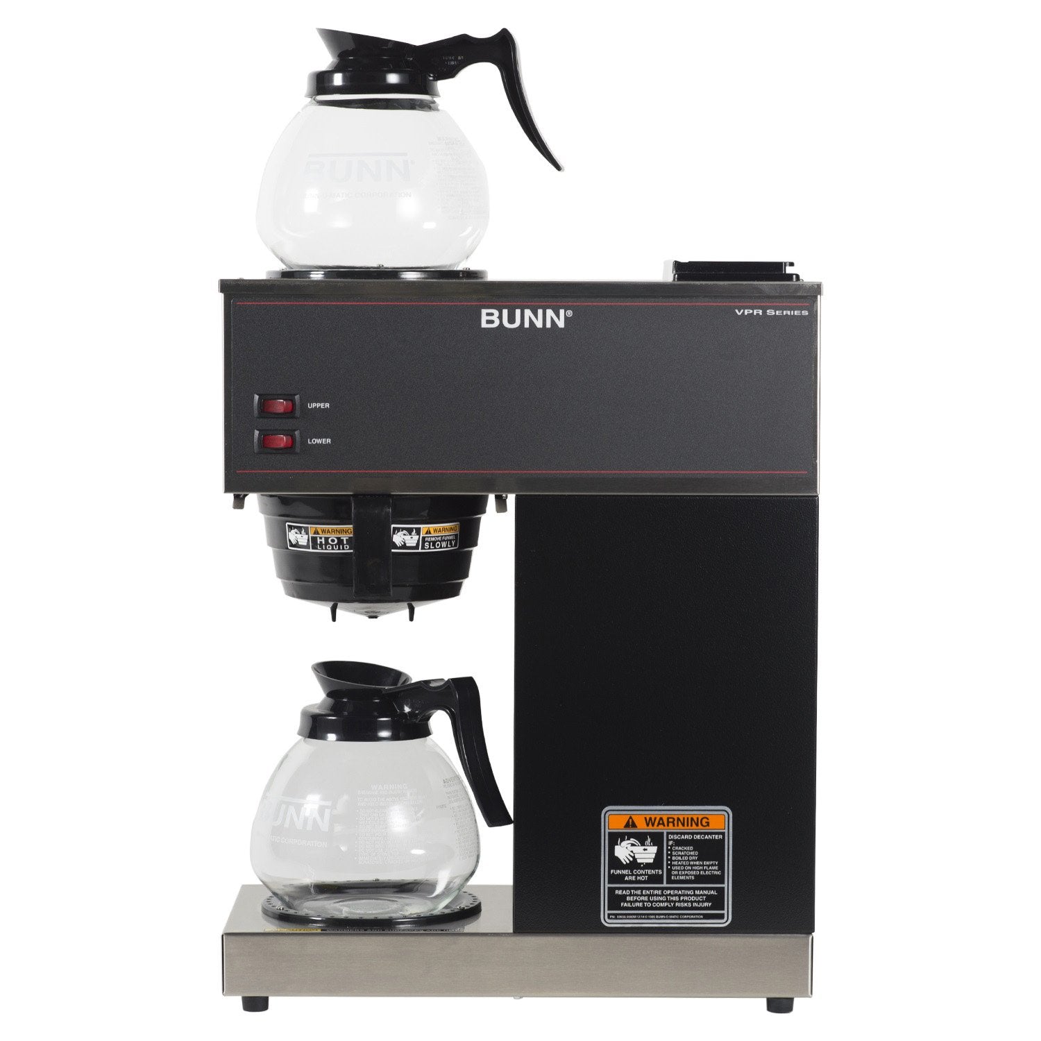 BUNN 33200.0015 VPR-2GD 12-Cup Pourover Commercial Coffee Brewer with Upper and Lower Warmers and Two Glass Decanters  Black  Stainless  Standard