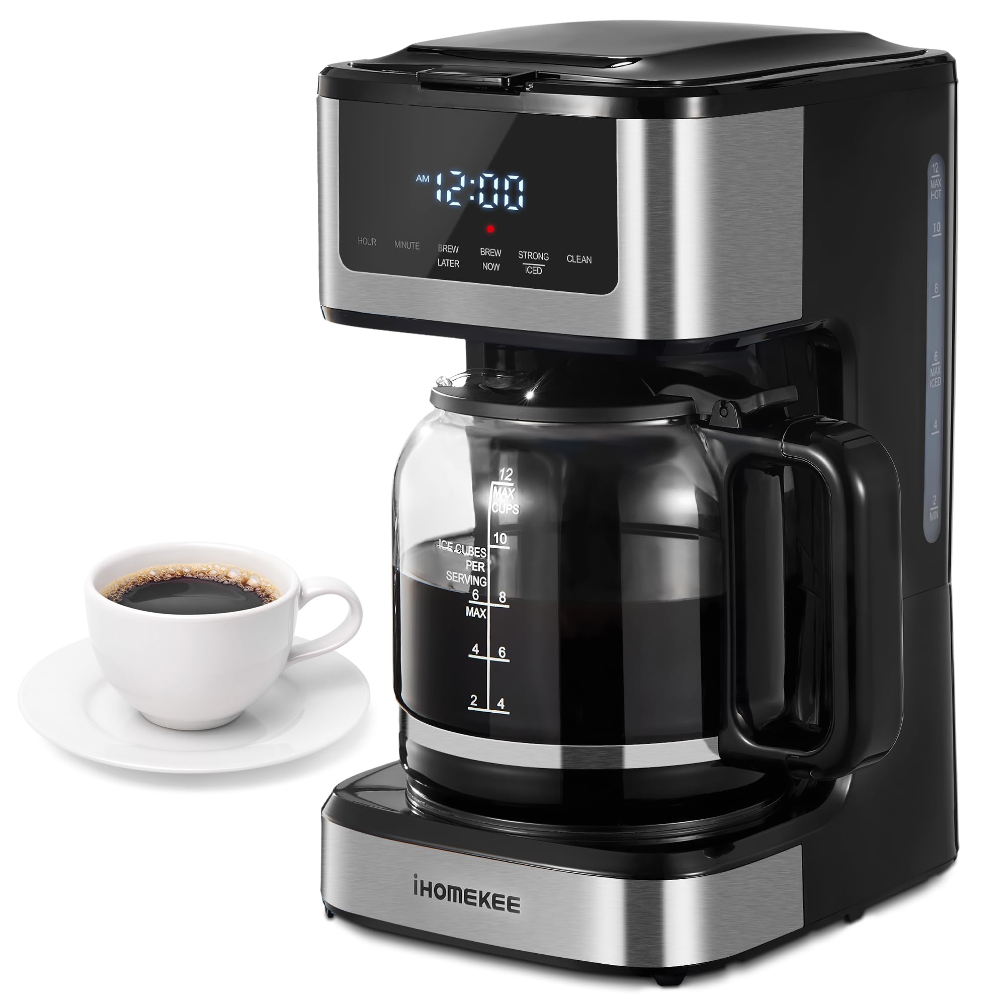Ihomekee Programmable Drip Coffee Maker 12 Cup, Coffee Machine With Iced Coffee Function, Touch Screen, Regular & Strong Brew, C