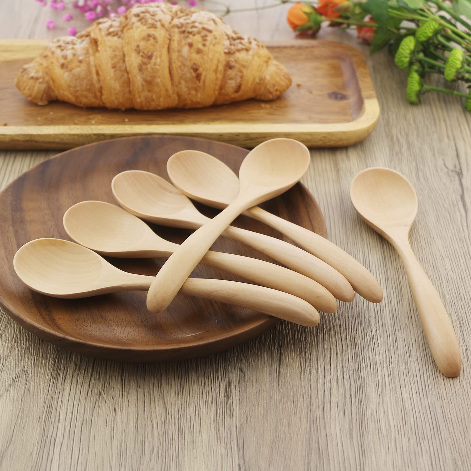 Wooden Spoons for Eating  ADLORYEA 6-Piece Wood Spoons  6.6 inch Handmade Natural Wood Spoon for Soup  Coffee  Salad Desserts  Chips  Snacks  Cereal  and Fruit  Wood Color